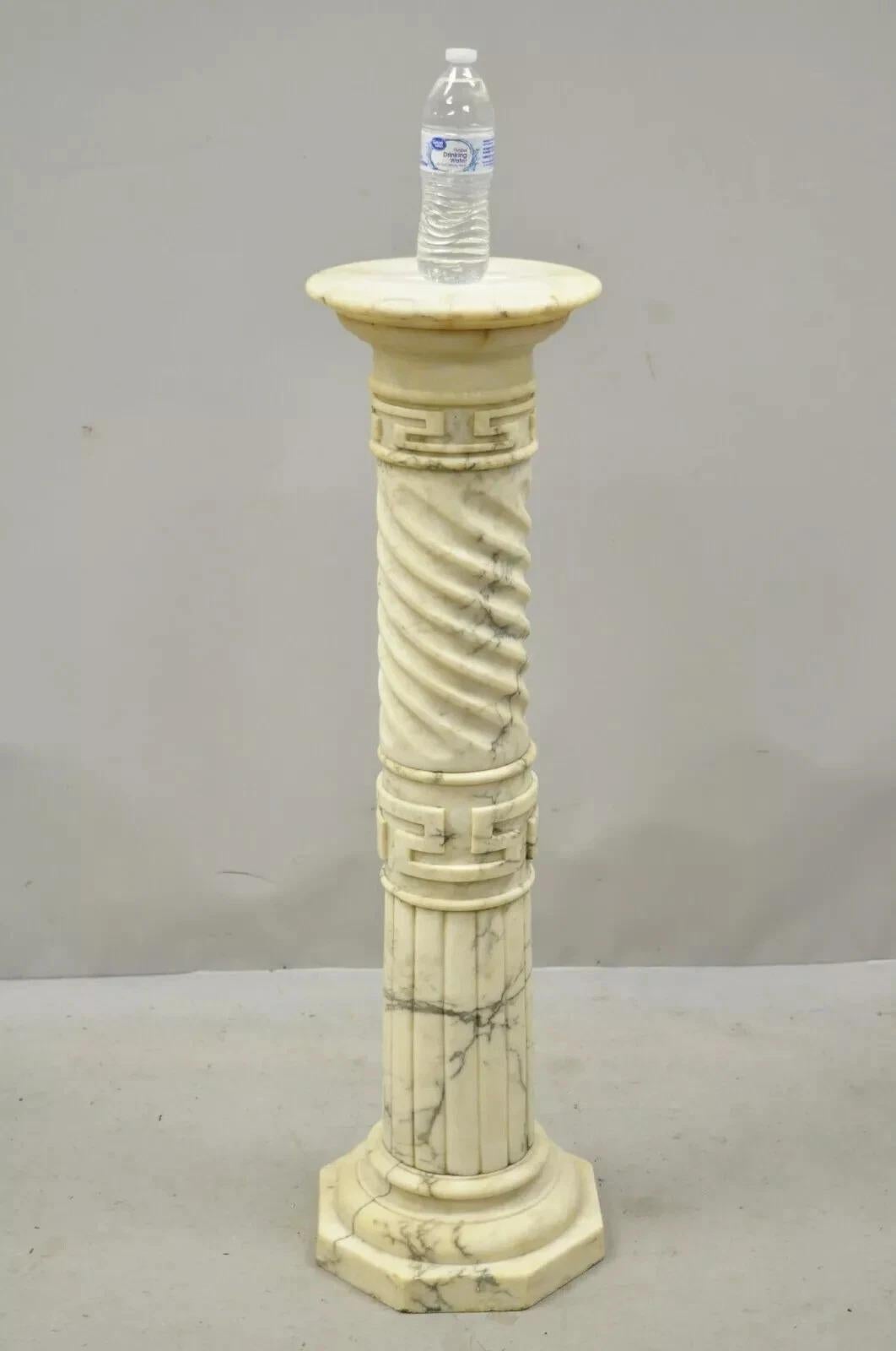 Antique Italian Neoclassical Spiral Carved Marble Greek Key Design Column Pedestal Plant Stand. Circa Early 20th Century. Measurements: 39.25