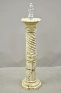 Italian Neoclassical Spiral Carved Marble Greek Key Column Pedestal Plant Stand