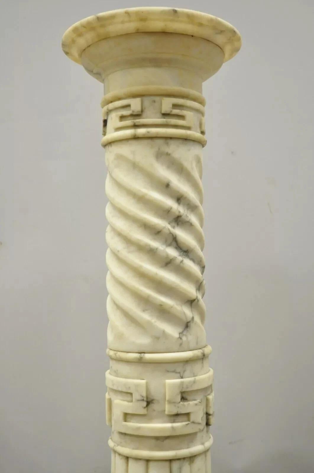 Unknown Italian Neoclassical Spiral Carved Marble Greek Key Column Pedestal Plant Stand For Sale