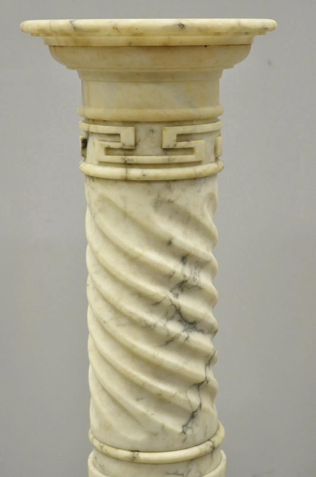 Italian Neoclassical Spiral Carved Marble Greek Key Column Pedestal Plant Stand In Good Condition For Sale In Philadelphia, PA