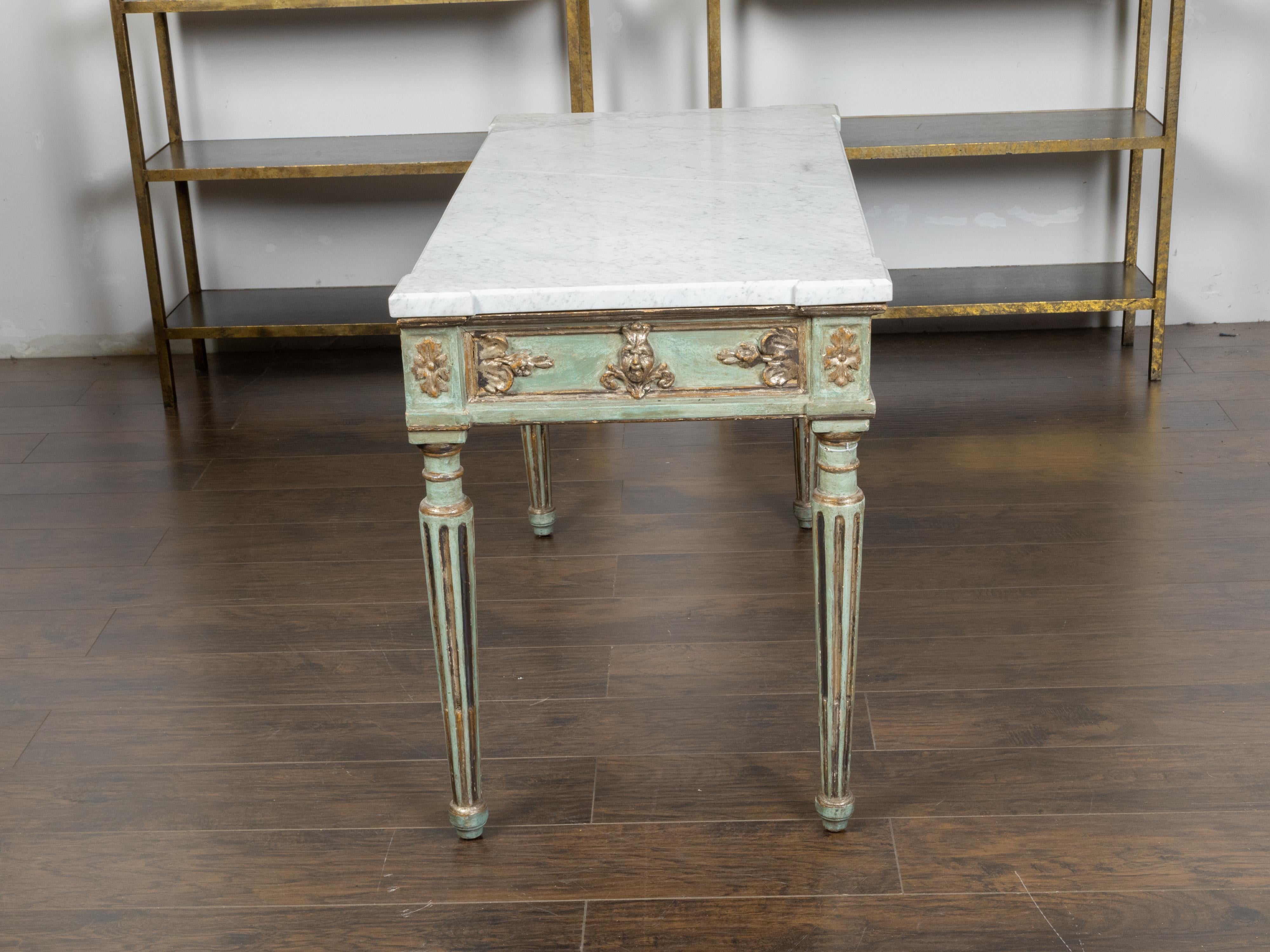 Gilt Italian Neoclassical Style 19th Century Green Painted White Marble Top Table For Sale