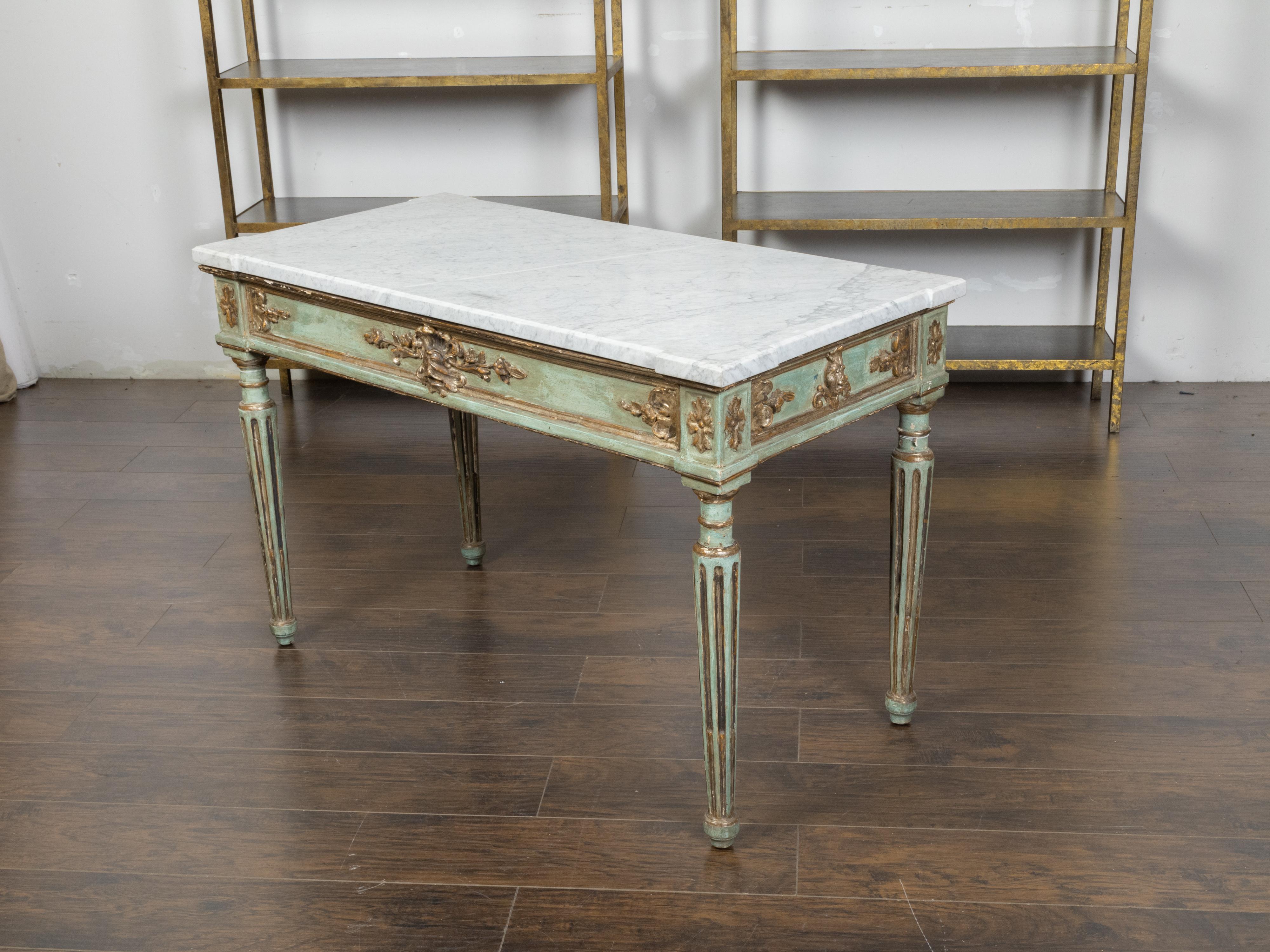 Italian Neoclassical Style 19th Century Green Painted White Marble Top Table For Sale 1