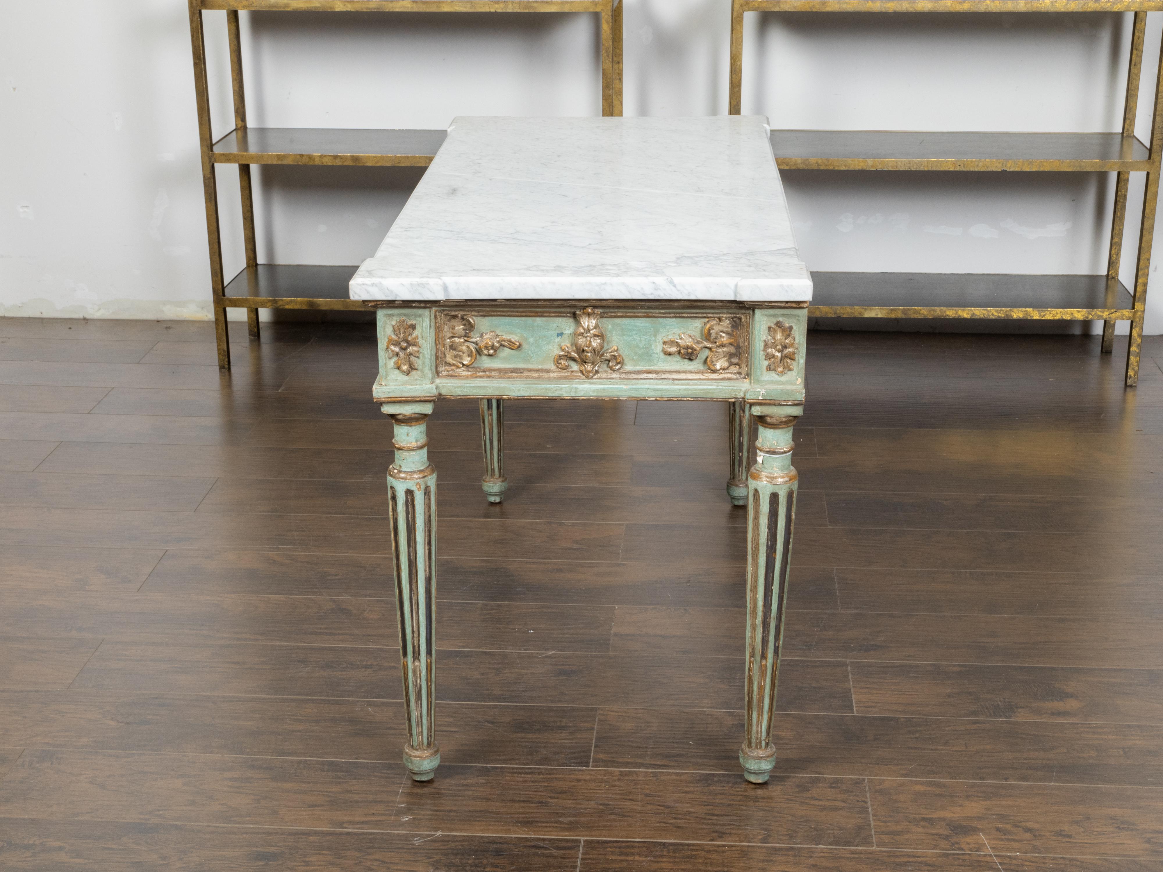 Italian Neoclassical Style 19th Century Green Painted White Marble Top Table For Sale 2