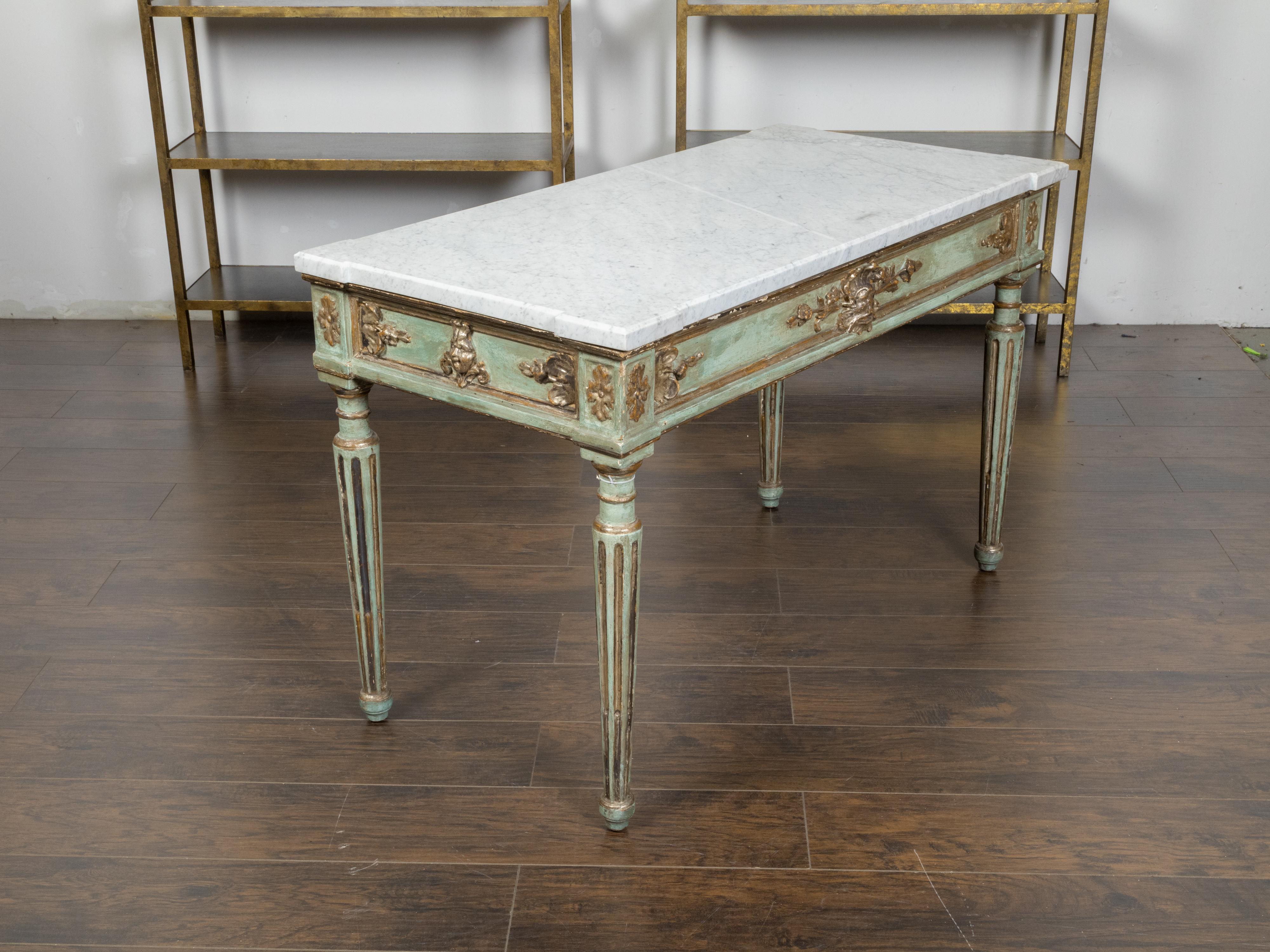 Italian Neoclassical Style 19th Century Green Painted White Marble Top Table For Sale 3