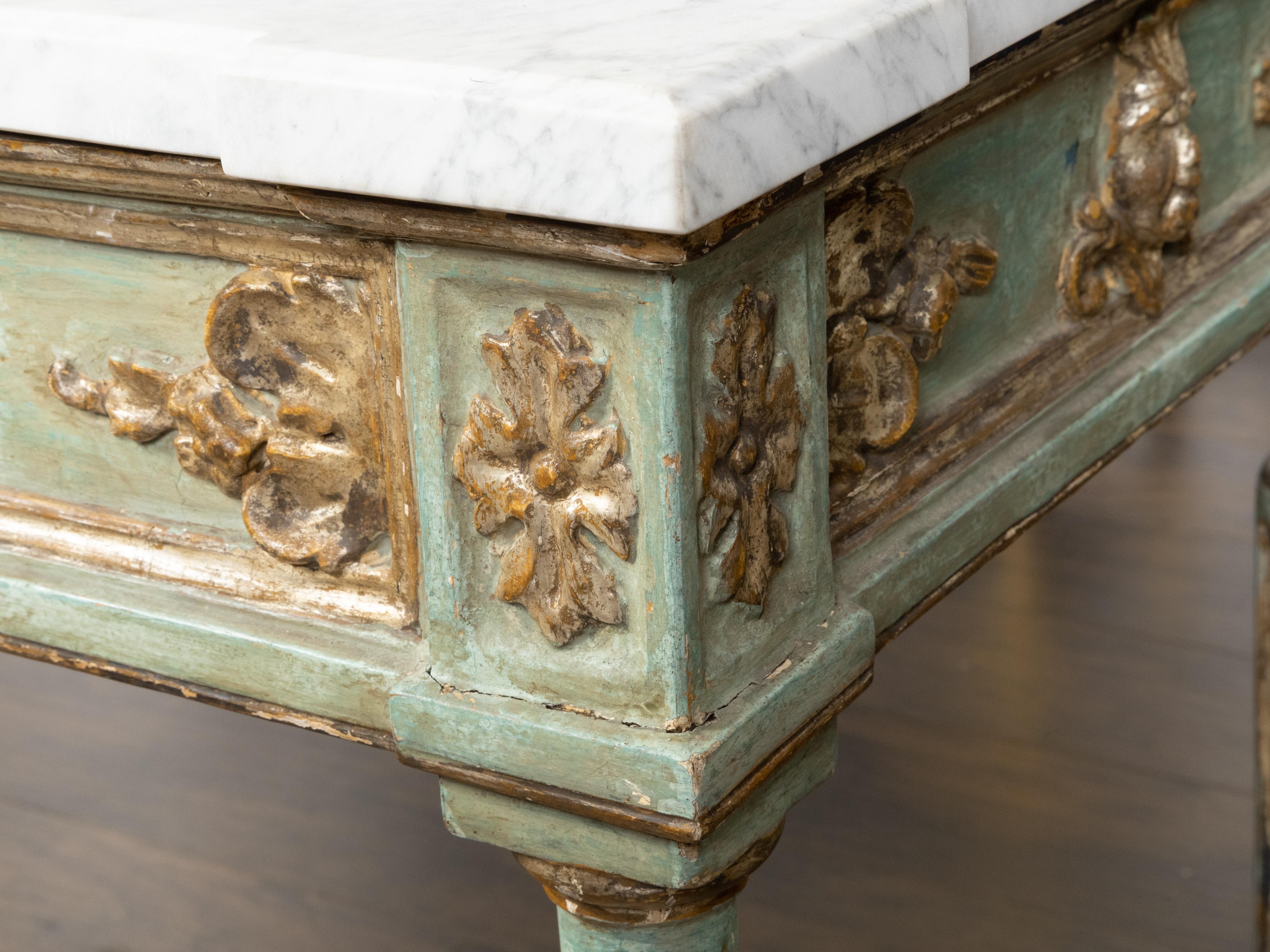 Italian Neoclassical Style 19th Century Green Painted White Marble Top Table For Sale 4