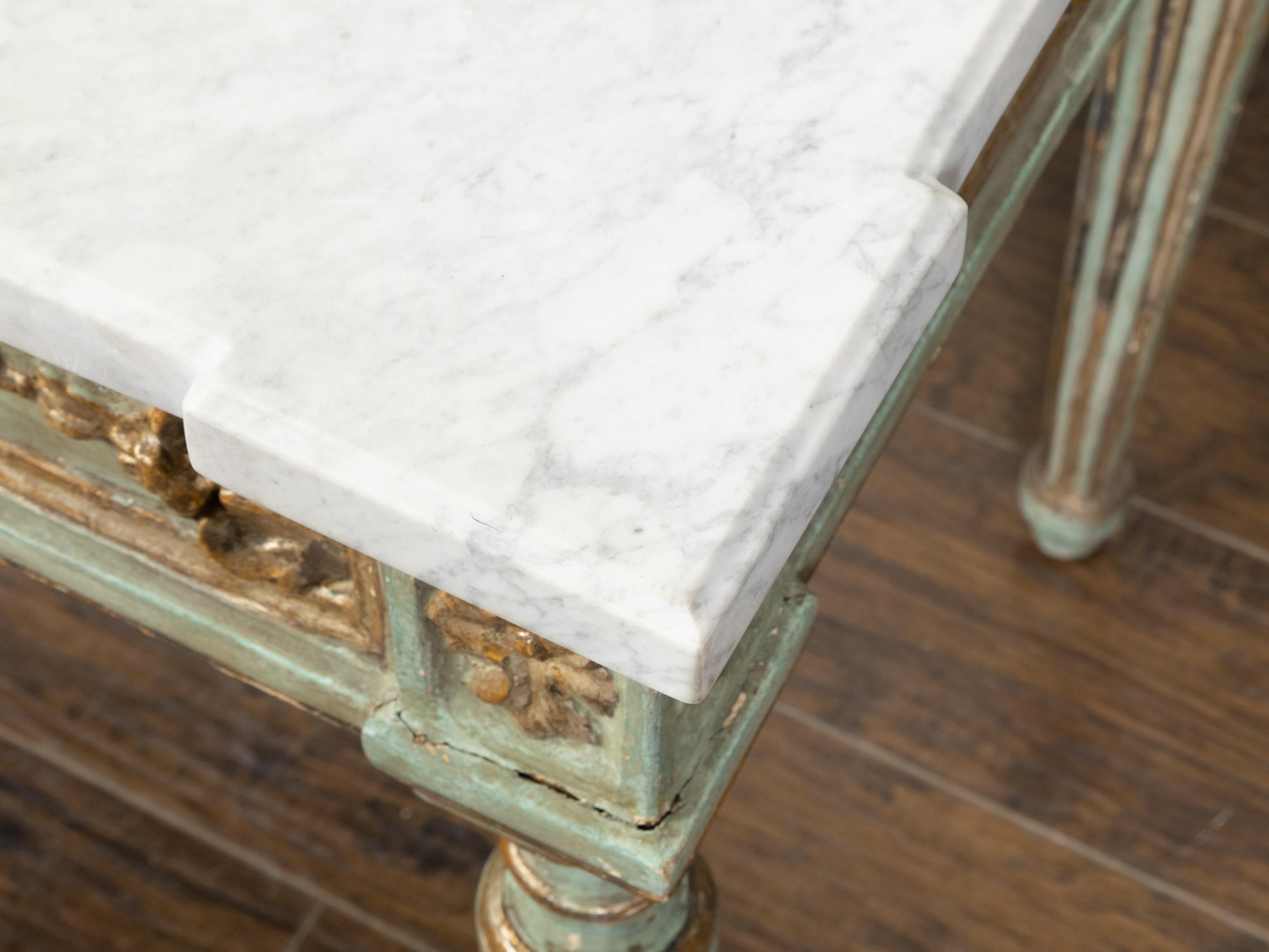 Italian Neoclassical Style 19th Century Green Painted White Marble Top Table For Sale 5