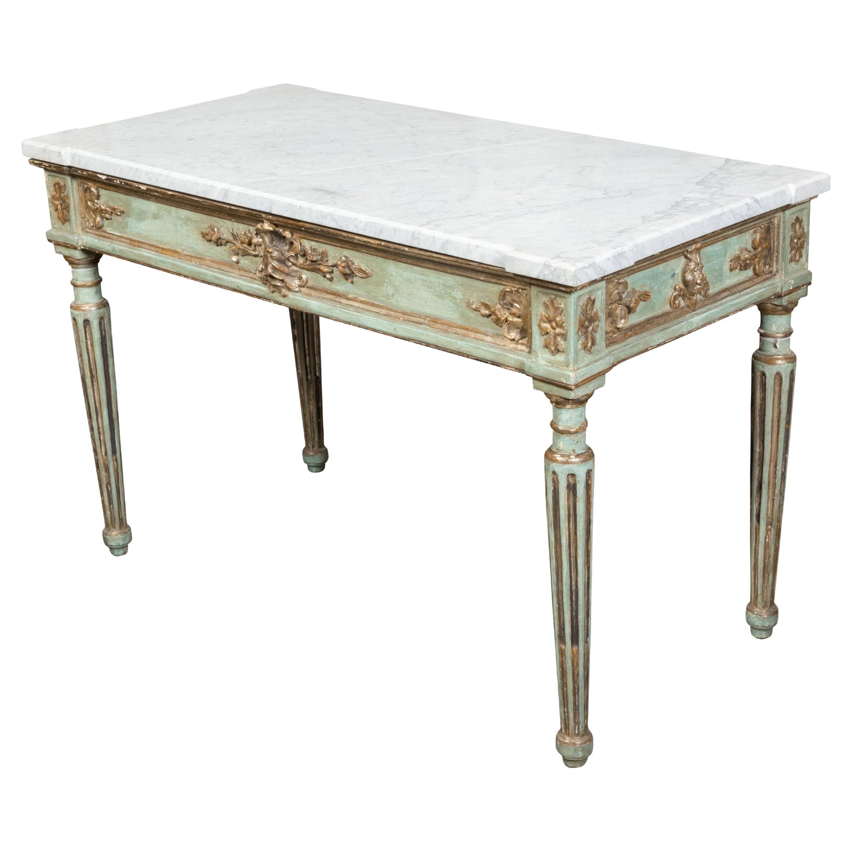 Italian Neoclassical Style 19th Century Green Painted White Marble Top Table For Sale