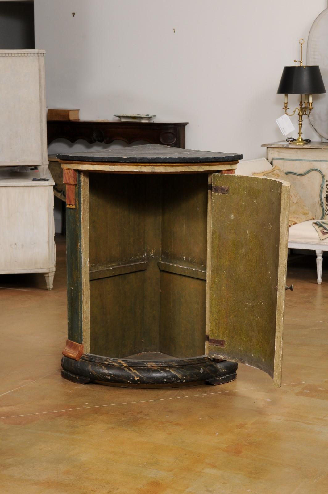 Painted Italian Neoclassical Style 19th Century Marbleized Corner Cabinet with One Door For Sale