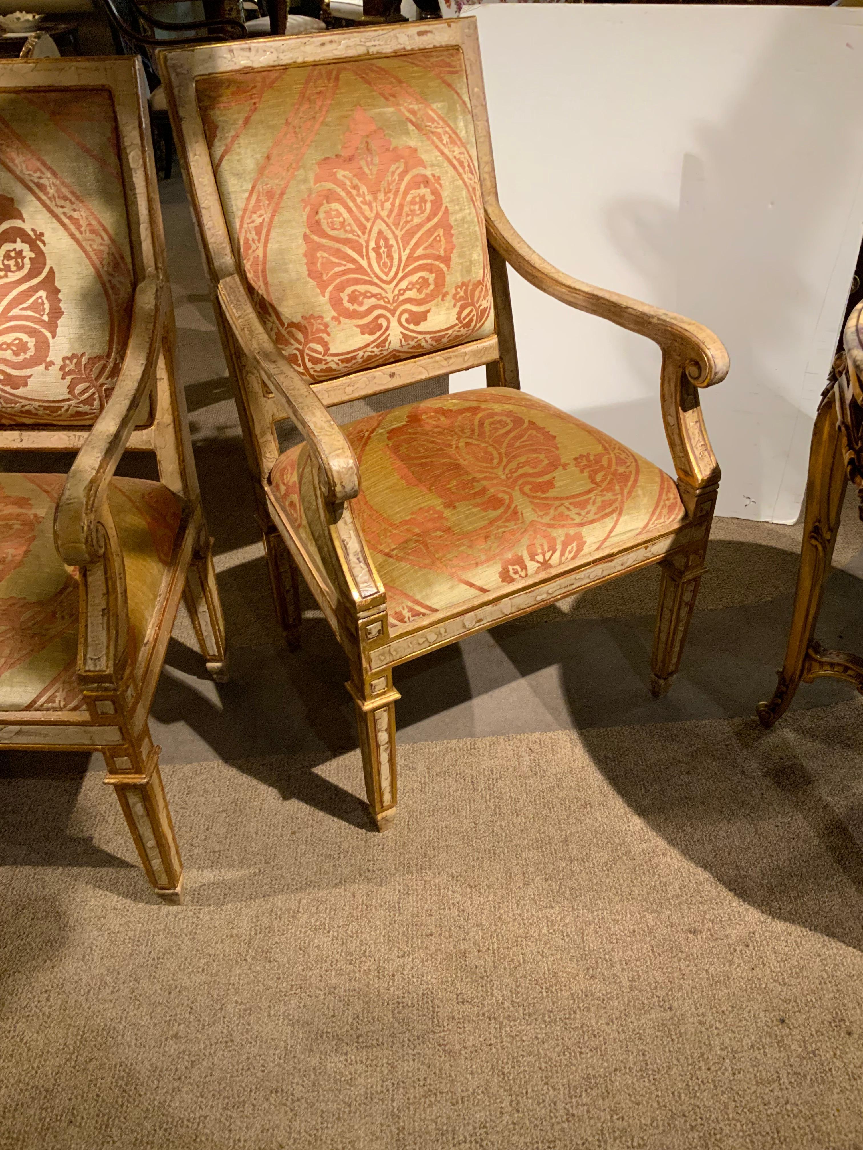 Italian Neoclassical Style age painted and parcel gilt arm chairs In Excellent Condition For Sale In Houston, TX