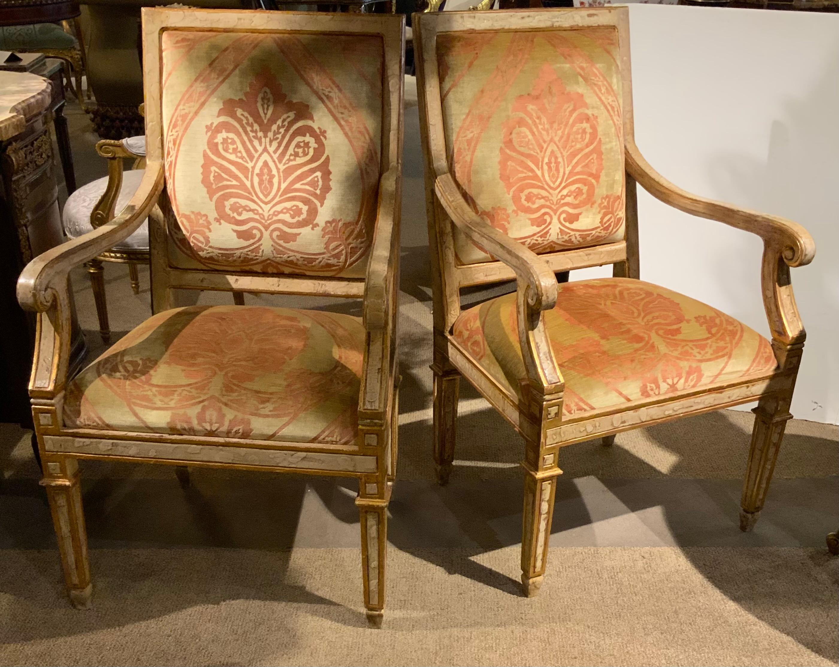 Contemporary Italian Neoclassical Style age painted and parcel gilt arm chairs For Sale