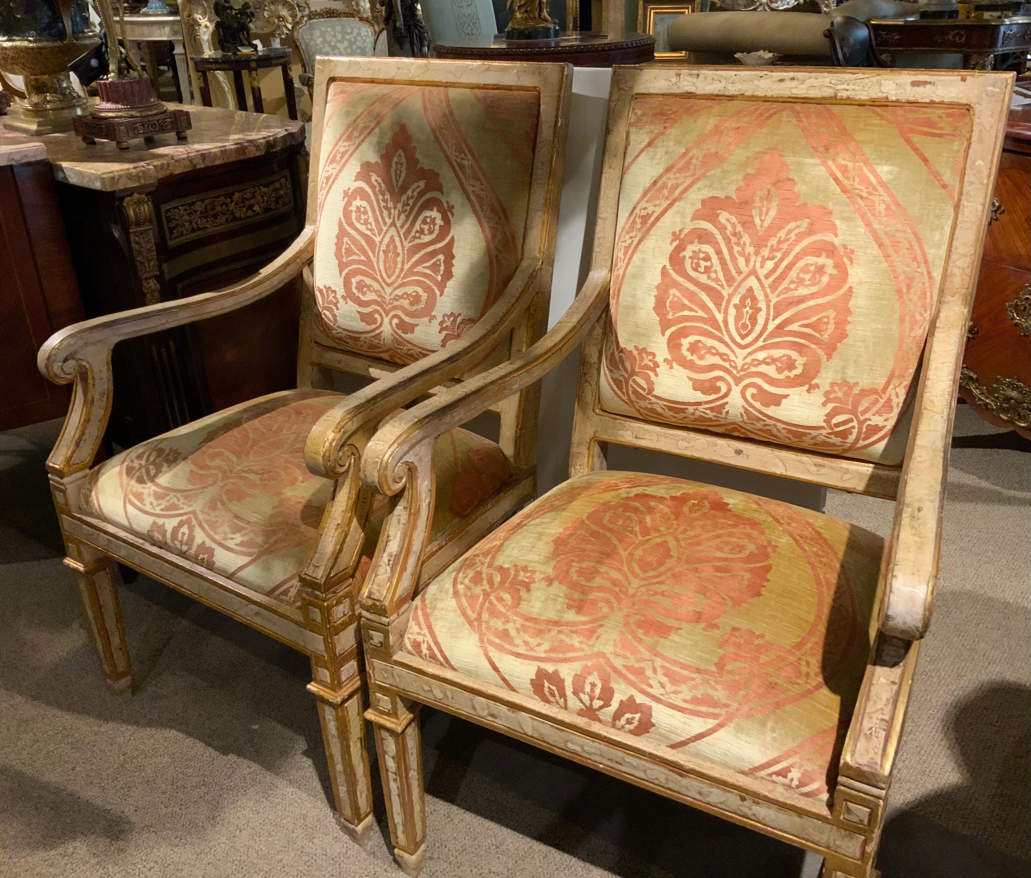 Italian Neoclassical Style age painted and parcel gilt arm chairs For Sale 1