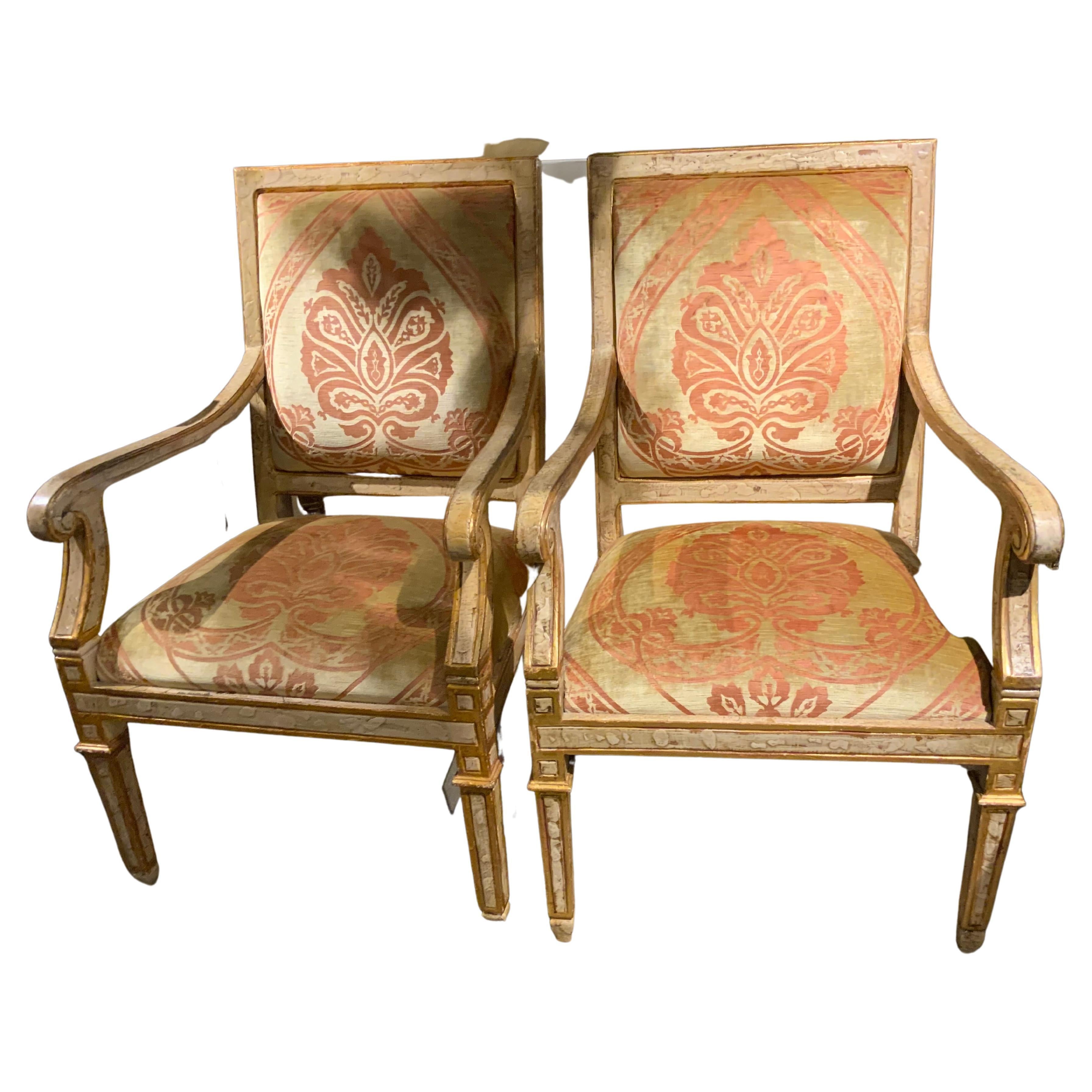 Italian Neoclassical Style age painted and parcel gilt arm chairs For Sale