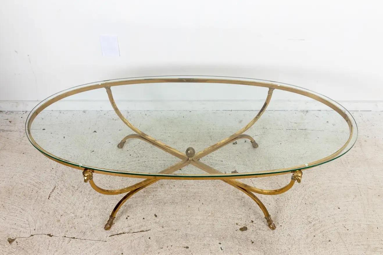 Italian Neoclassical Style Brass Rams Head Coffee Table In Good Condition In New York, NY