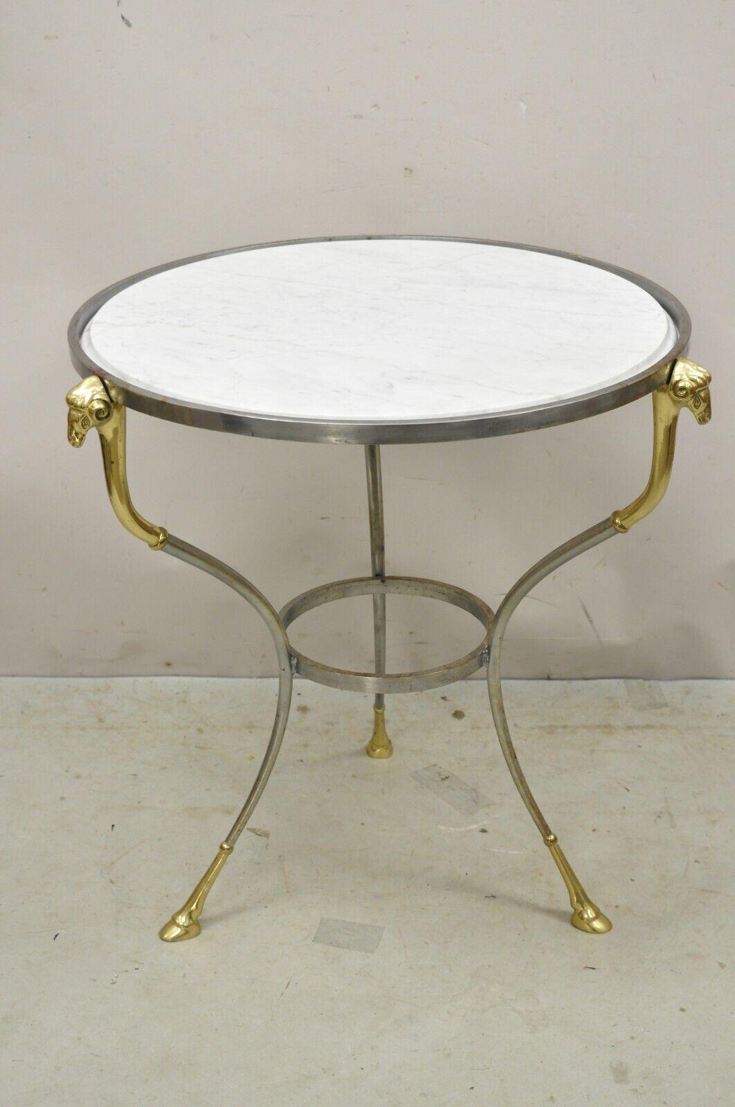 Italian Neoclassical Style Brass Rams Head Steel Metal Round Marble Side Table For Sale 7