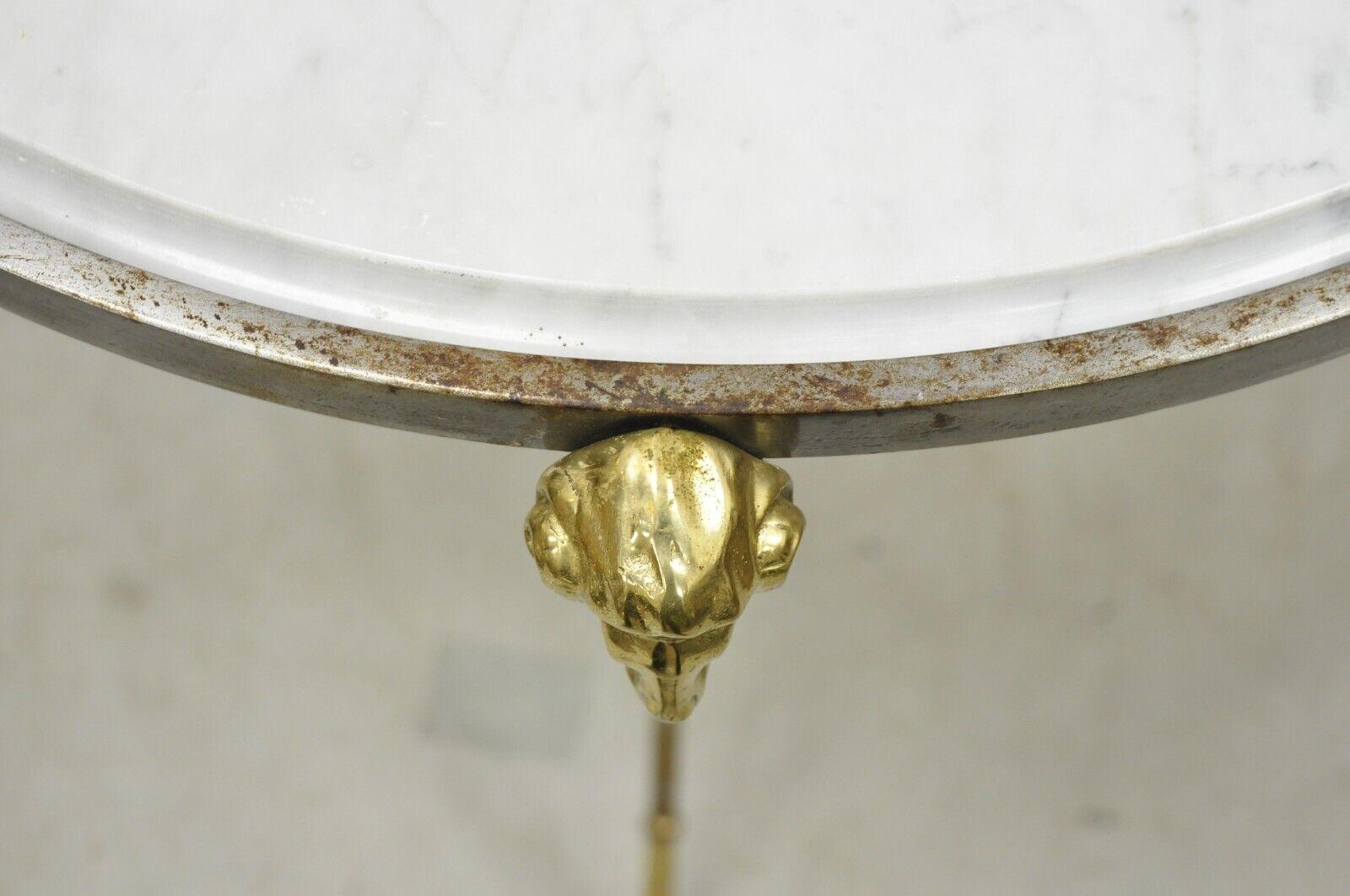 20th Century Italian Neoclassical Style Brass Rams Head Steel Metal Round Marble Side Table For Sale
