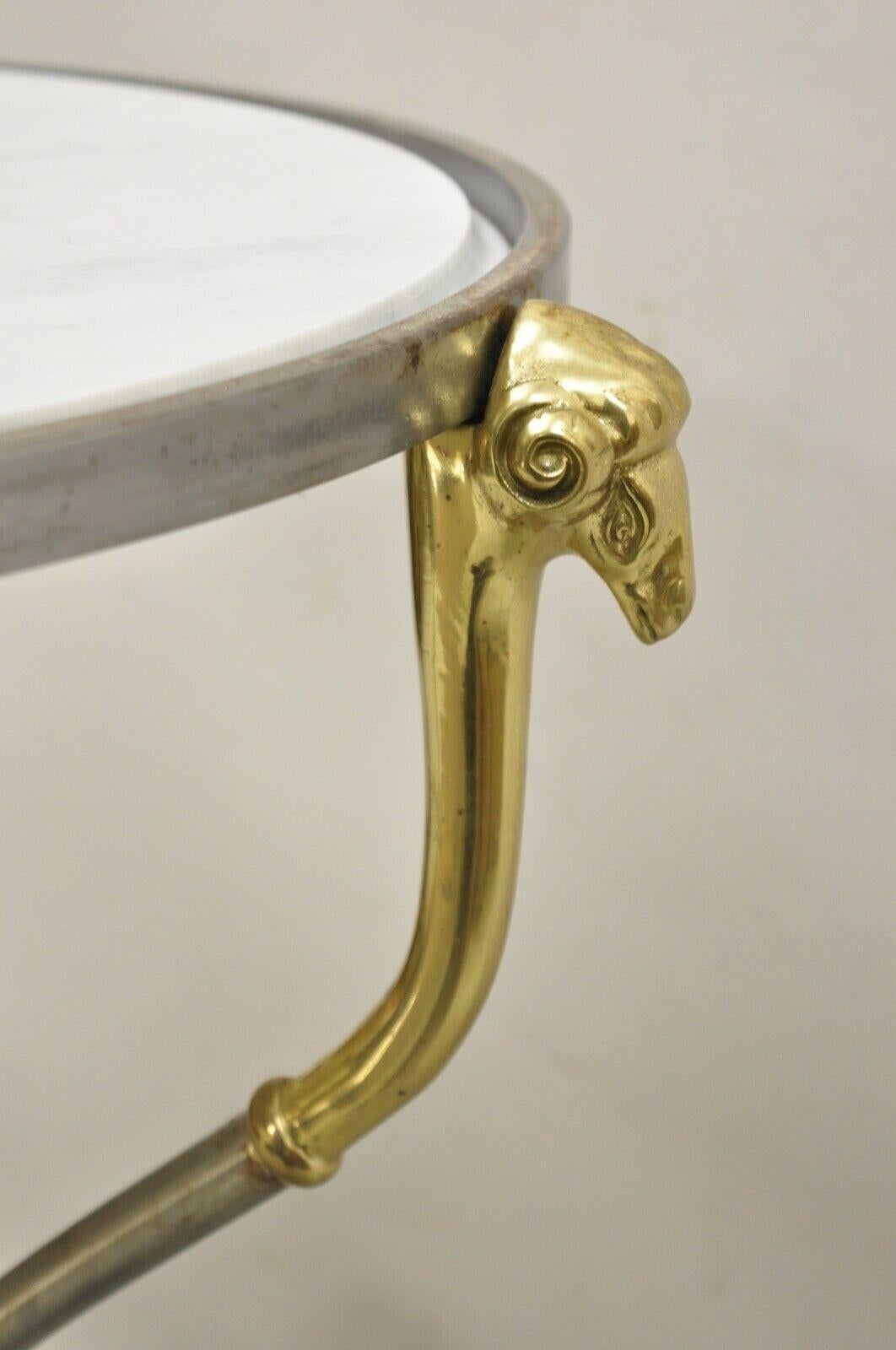 Italian Neoclassical Style Brass Rams Head Steel Metal Round Marble Side Table For Sale 2