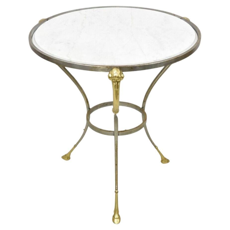 Italian Neoclassical Style Brass Rams Head Steel Metal Round Marble Side Table For Sale