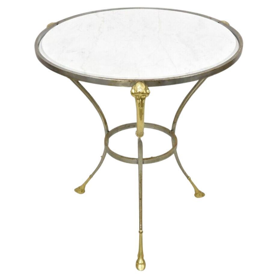 Italian Neoclassical Style Brass Rams Head Steel Metal Round Marble Side Table