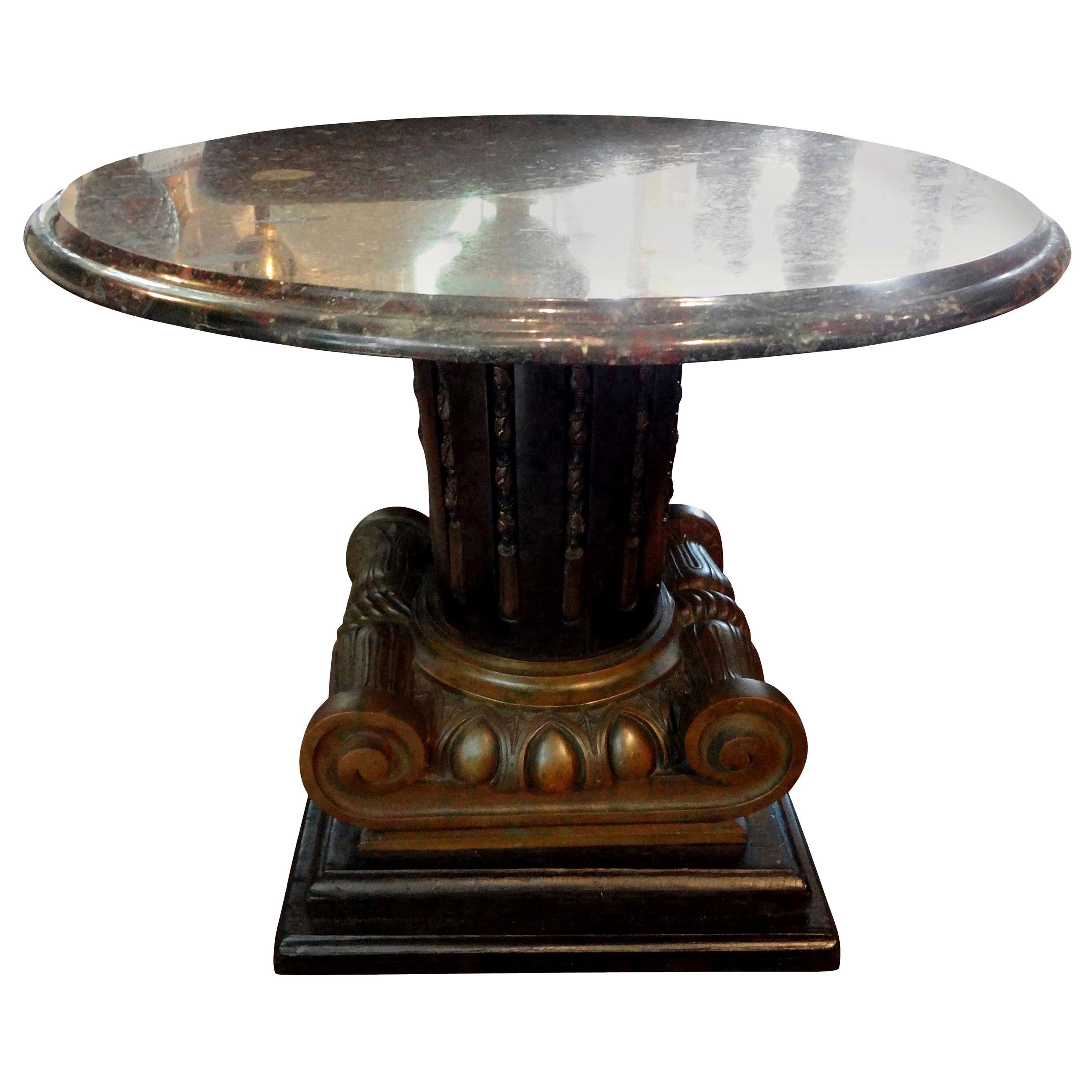 Italian neoclassical style bronze Ionic column table with marble top.
Stunning antique Italian bronze ionic column table with a marble top. This beautiful Italian Neoclassical style side table, drink table or guéridon is comprised of finely