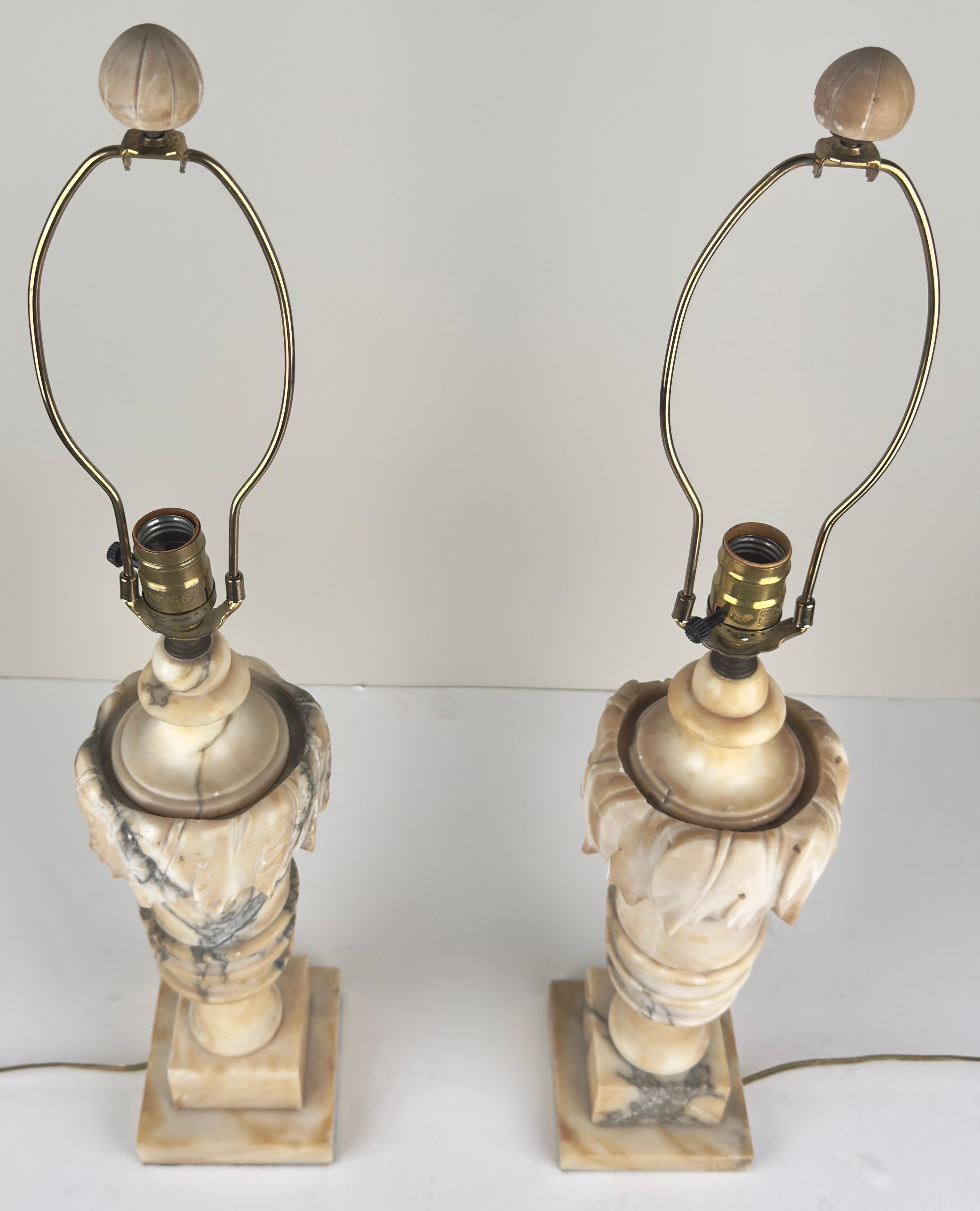 European Italian Neoclassical Style Carrara Alabaster Marble Lamp, a Pair