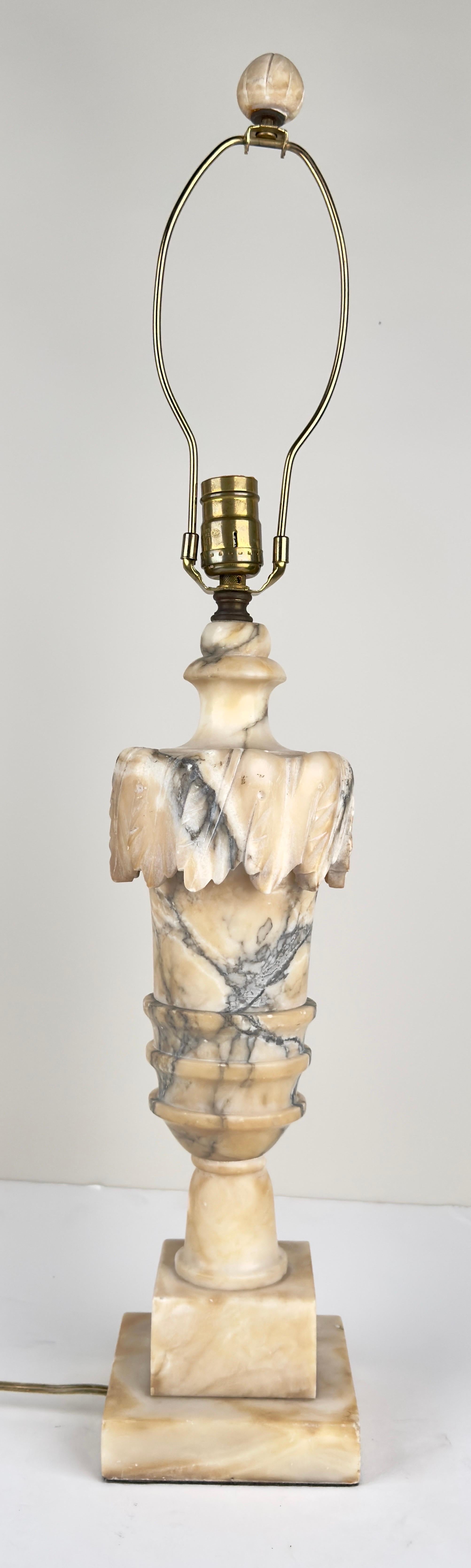Italian Neoclassical Style Carrara Alabaster Marble Lamp, a Pair In Good Condition In Plainview, NY