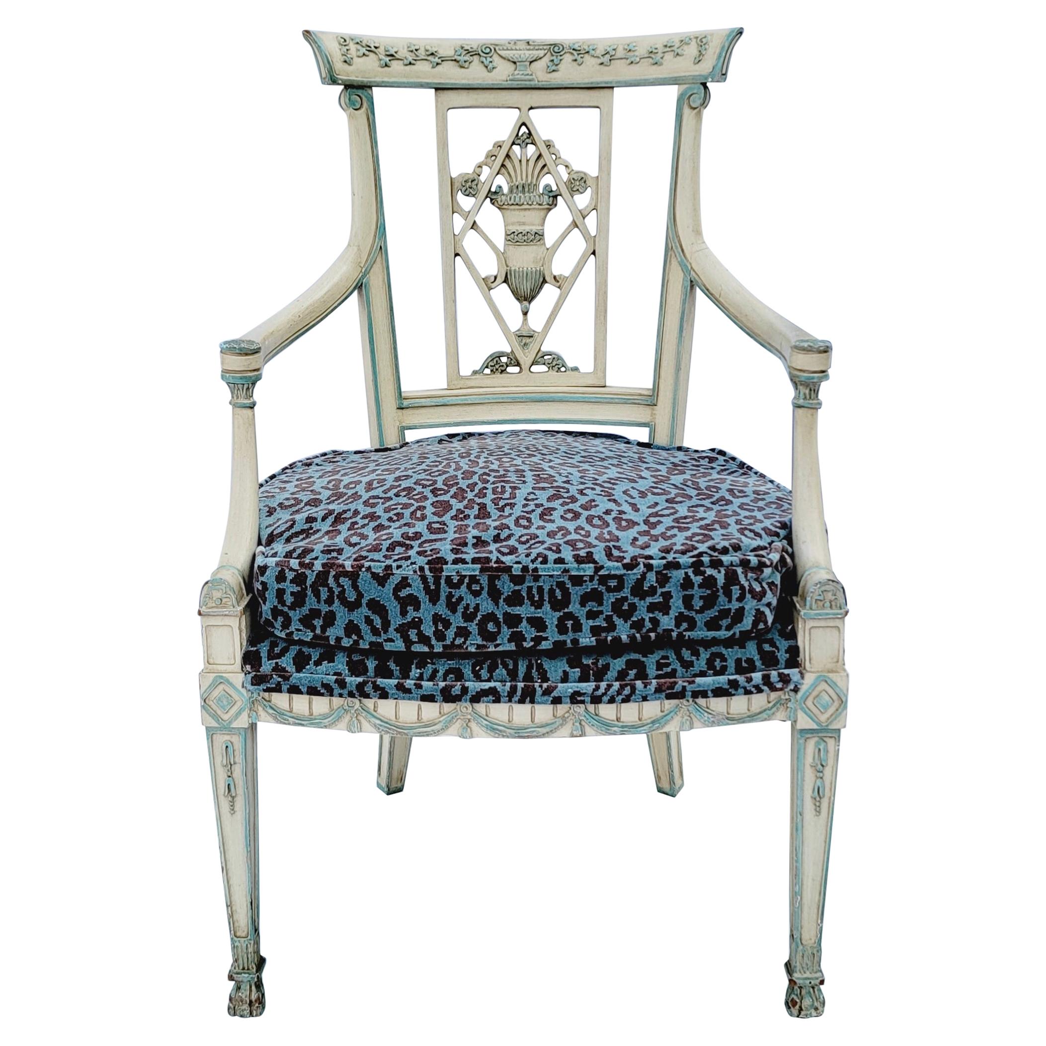 Italian Neoclassical Style Carved Bergère Chair in Leopard Velvet
