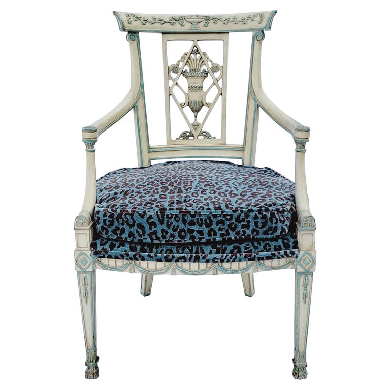 Italian Neoclassical Style Carved Bergère Chair in Leopard Velvet