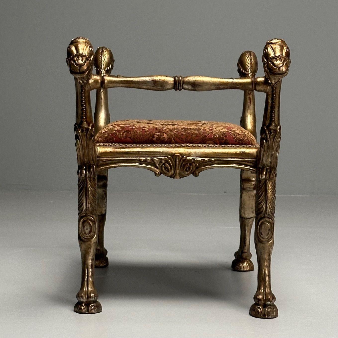 Italian Neoclassical Style, Curule Benches, Giltwood, Fabric, Camel Motif, 1970s For Sale 4