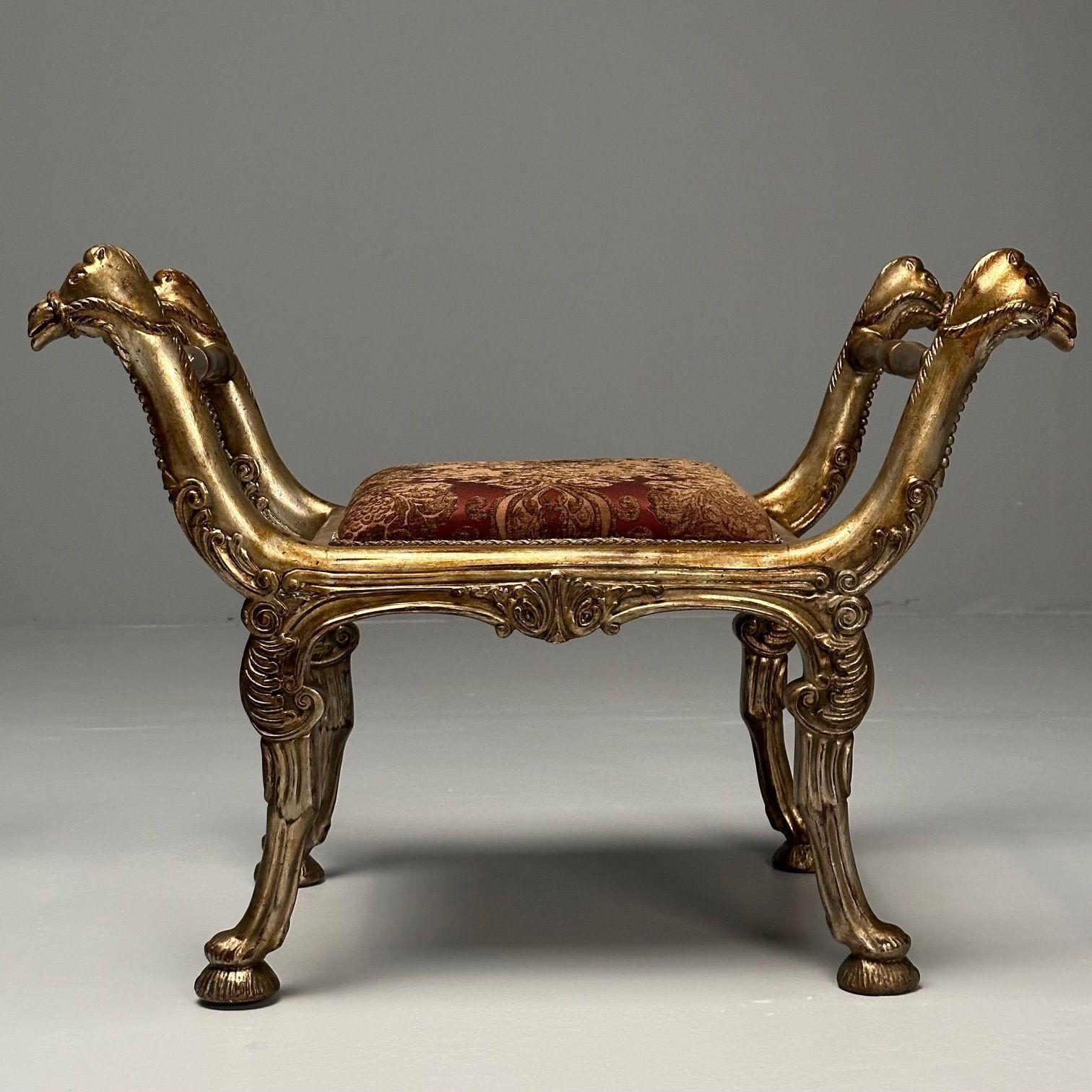 Italian Neoclassical Style, Curule Benches, Giltwood, Fabric, Camel Motif, 1970s For Sale 7