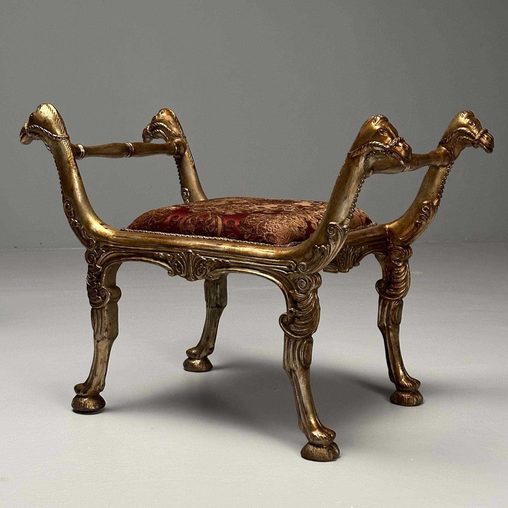 Italian Neoclassical Style, Curule Benches, Giltwood, Fabric, Camel Motif, 1970s For Sale 8