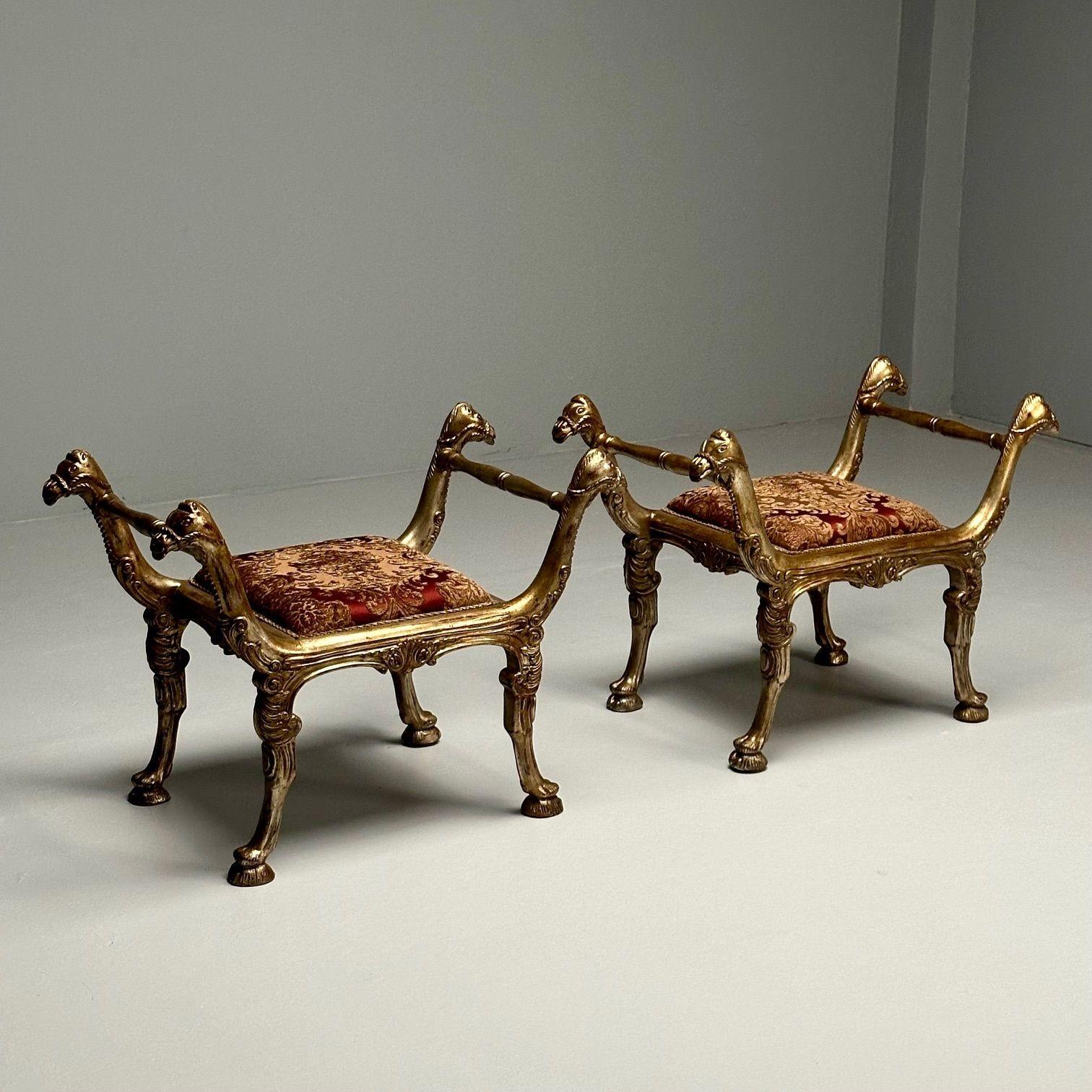 European Italian Neoclassical Style, Curule Benches, Giltwood, Fabric, Camel Motif, 1970s