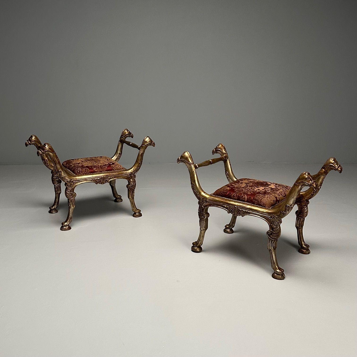 Italian Neoclassical Style, Curule Benches, Giltwood, Fabric, Camel Motif, 1970s In Good Condition For Sale In Stamford, CT