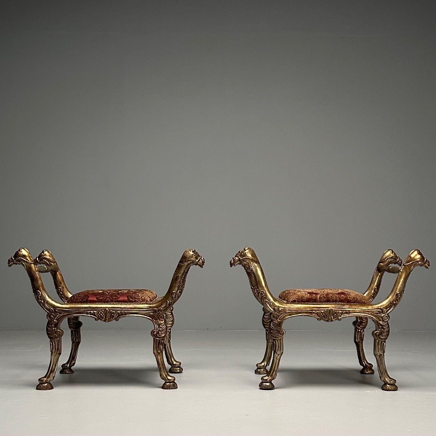 20th Century Italian Neoclassical Style, Curule Benches, Giltwood, Fabric, Camel Motif, 1970s For Sale