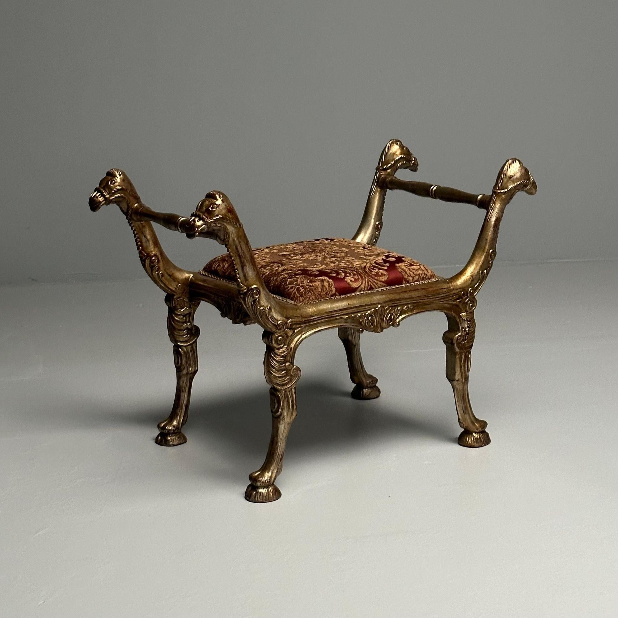 Wood Italian Neoclassical Style, Curule Benches, Giltwood, Fabric, Camel Motif, 1970s For Sale