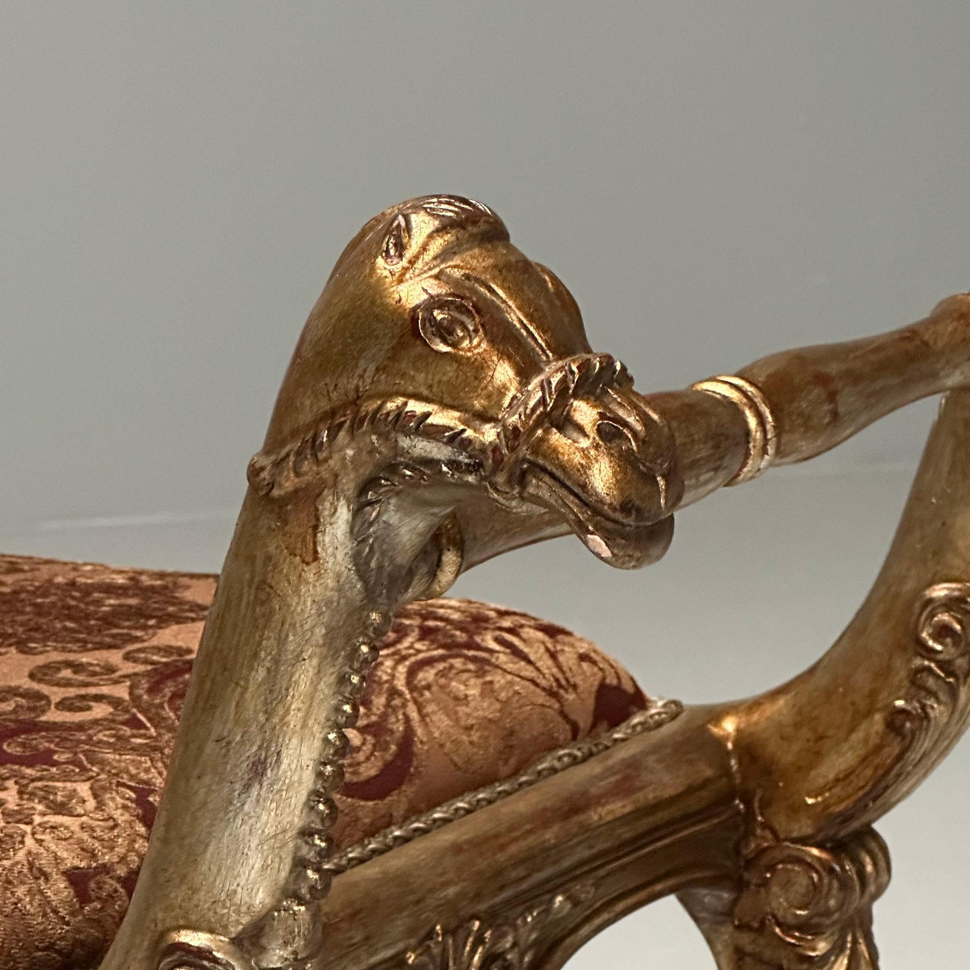 Italian Neoclassical Style, Curule Benches, Giltwood, Fabric, Camel Motif, 1970s For Sale 1