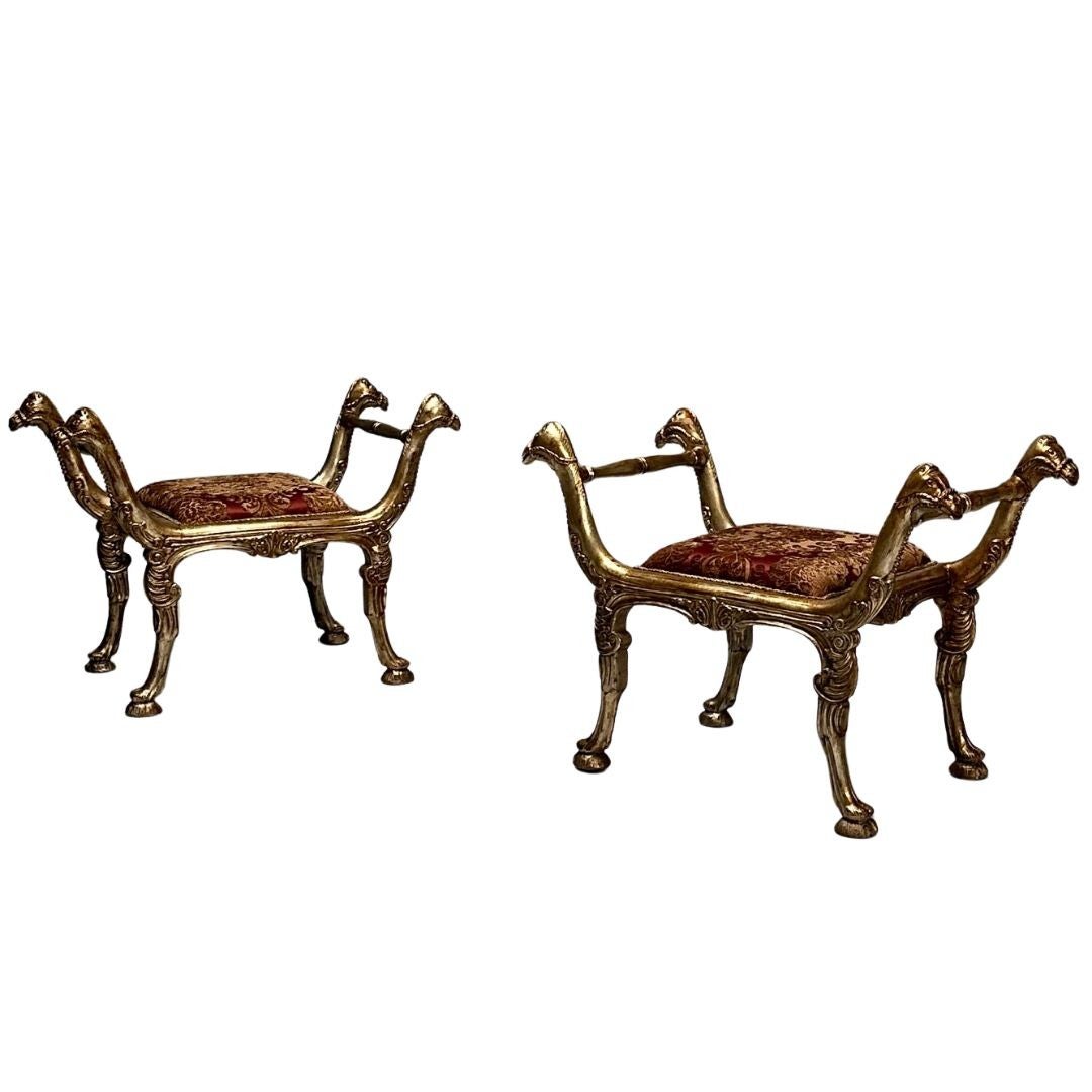 Italian Neoclassical Style, Curule Benches, Giltwood, Fabric, Camel Motif, 1970s For Sale