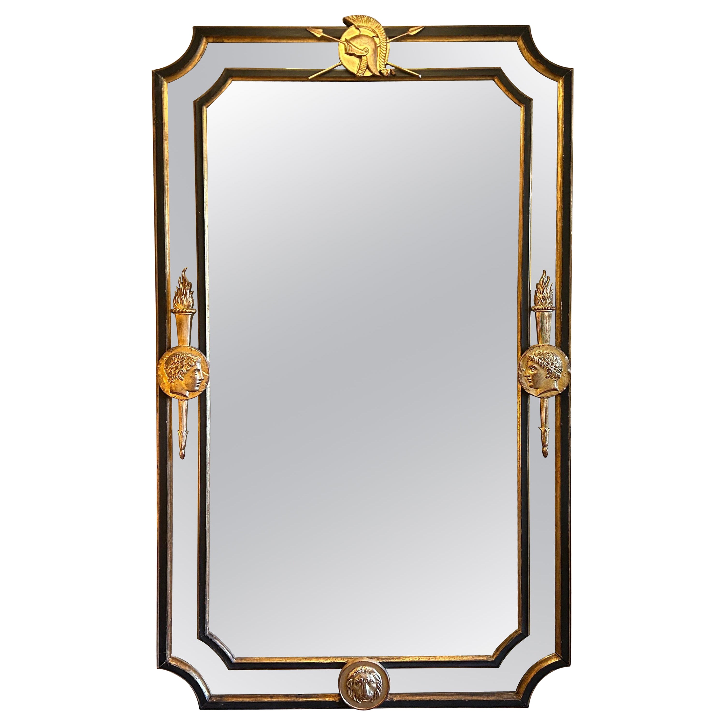 Specchio italiano in stile neoclassico in legno dorato ed ebanizzato in vendita