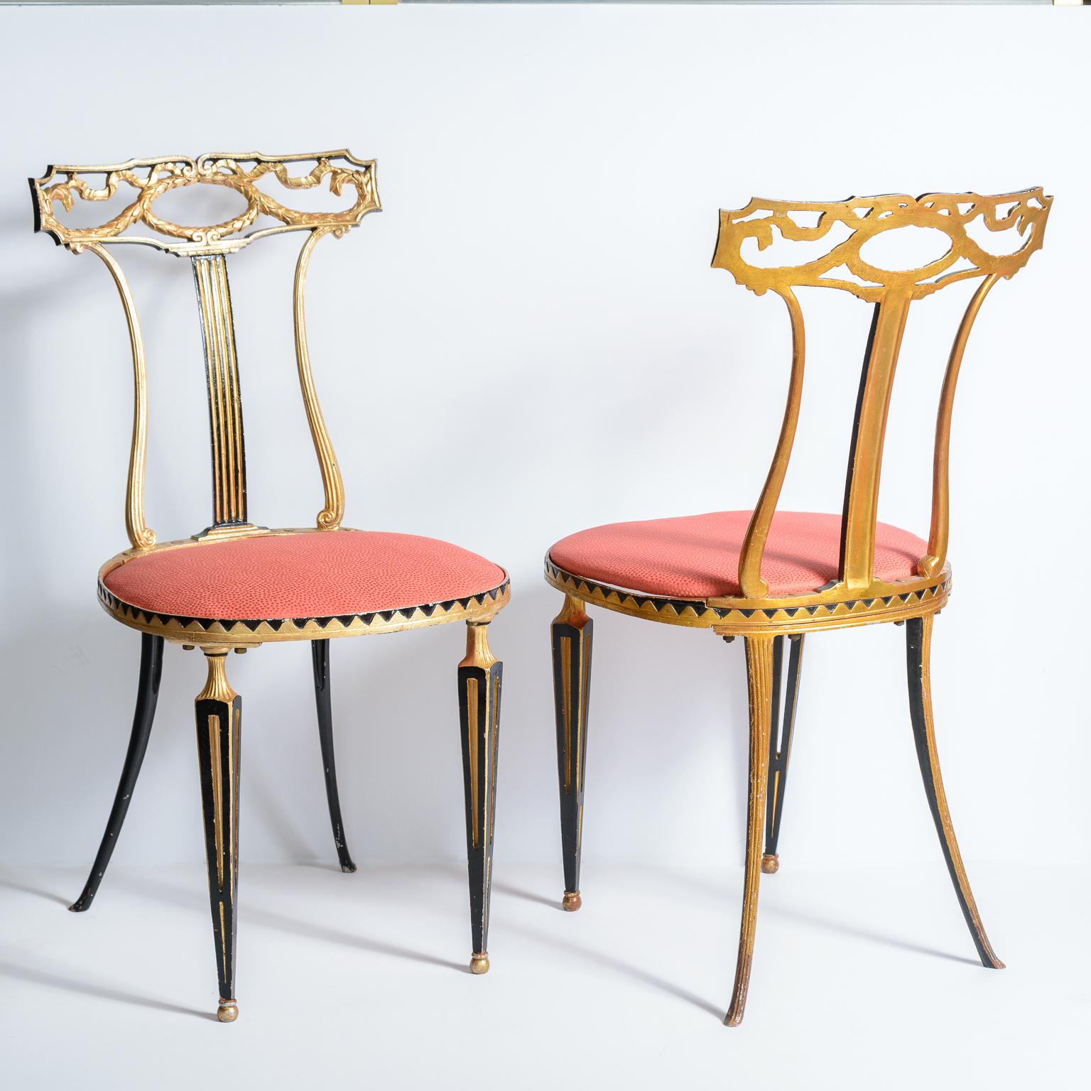This is a beautiful pair of Italian Neoclassical style metal chairs by Palladio., c.1950s.
These chairs would be perfect in many locations of your home.
 Newly upholstered .
Very good vintage condition, minor wear to the gilding, due to age and use.