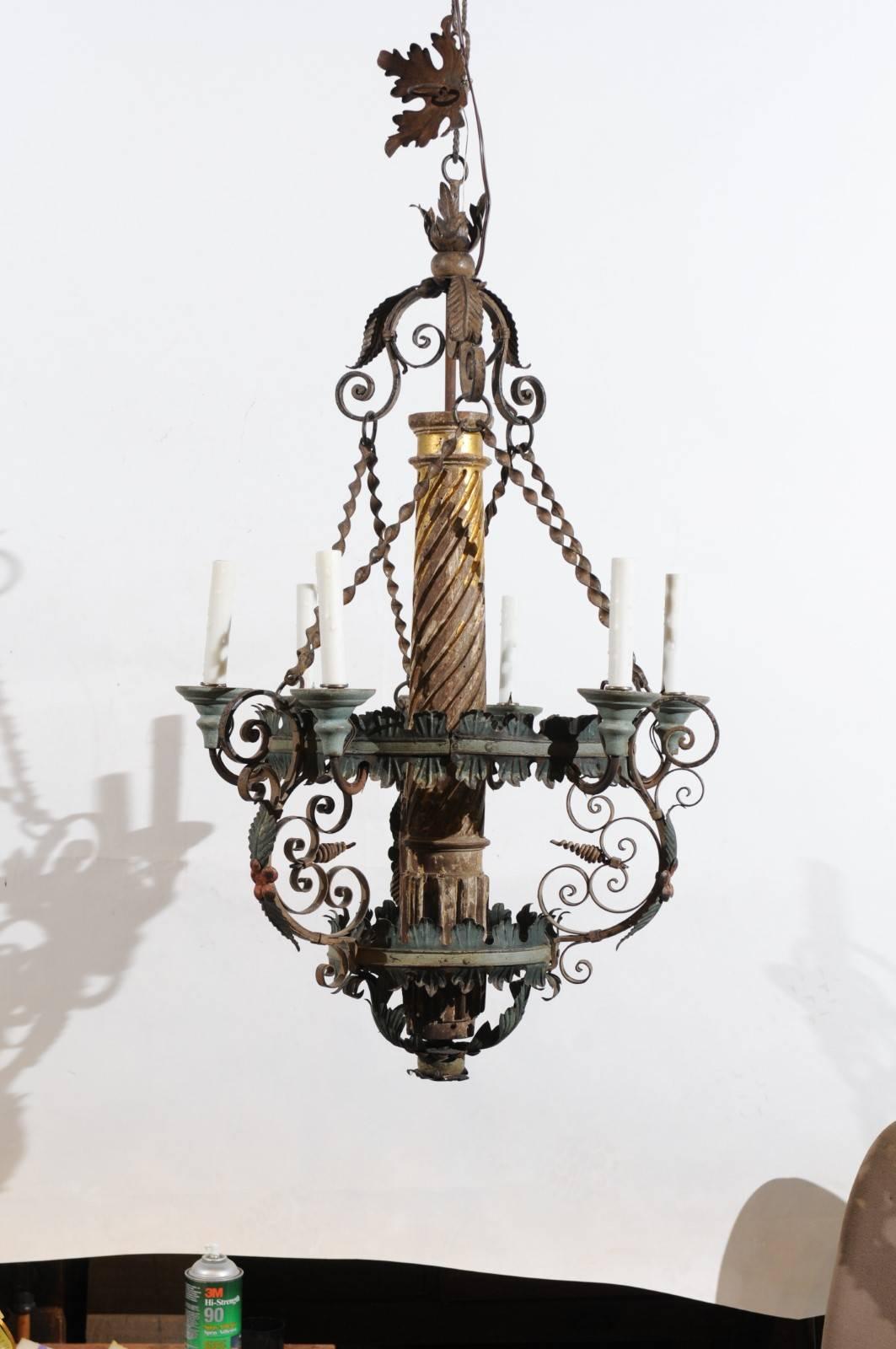 Italian Neoclassical Style Giltwood and Green Painted Tole Chandelier 5
