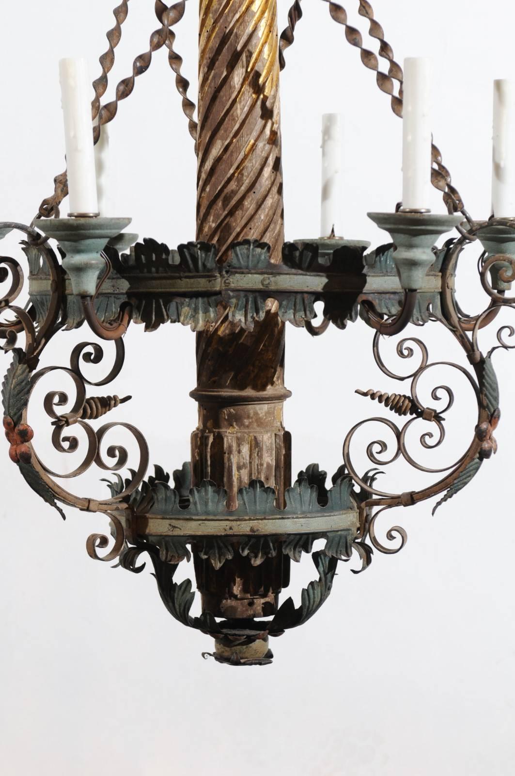 Tôle Italian Neoclassical Style Giltwood and Green Painted Tole Chandelier