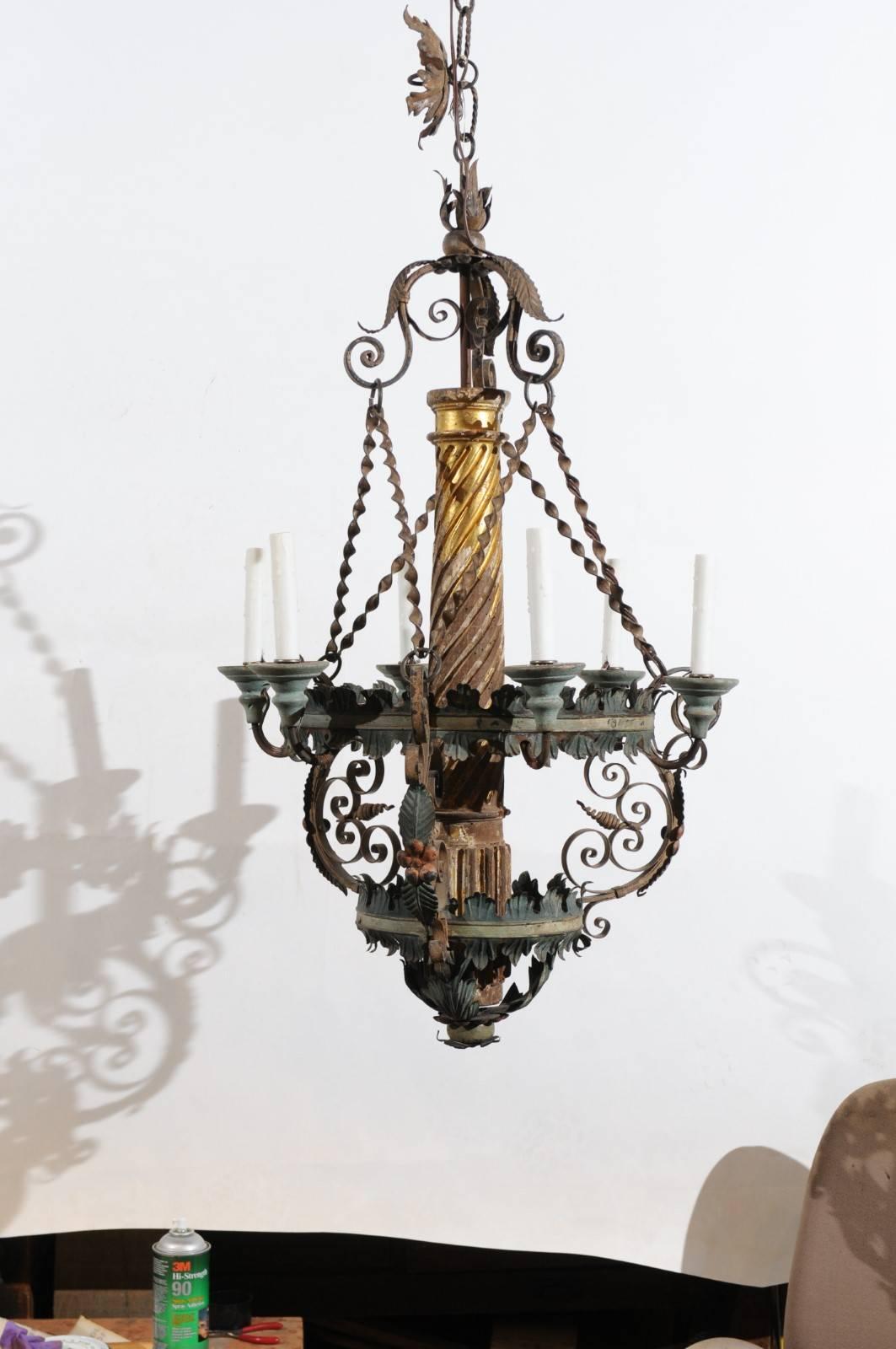 Italian Neoclassical Style Giltwood and Green Painted Tole Chandelier 4