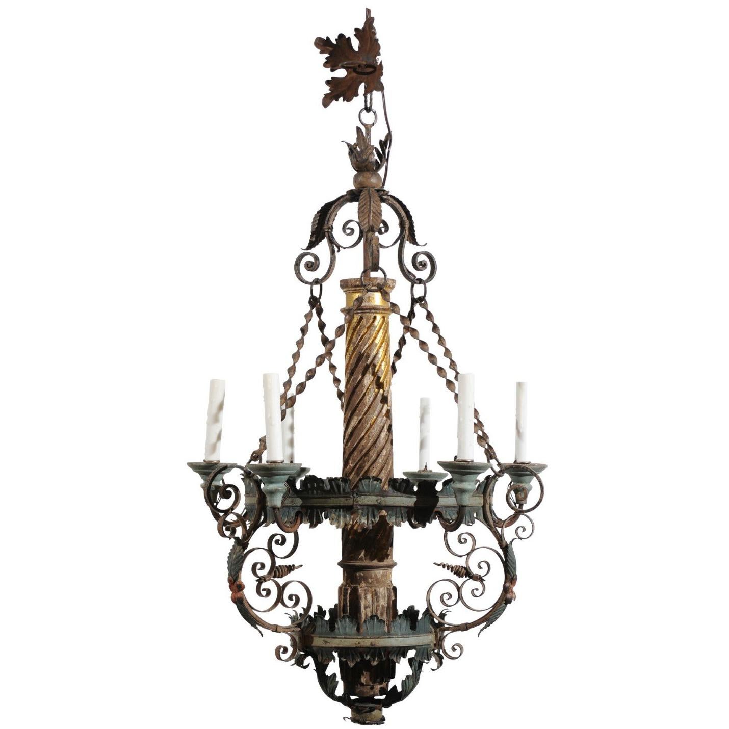 Italian Neoclassical Style Giltwood and Green Painted Tole Chandelier