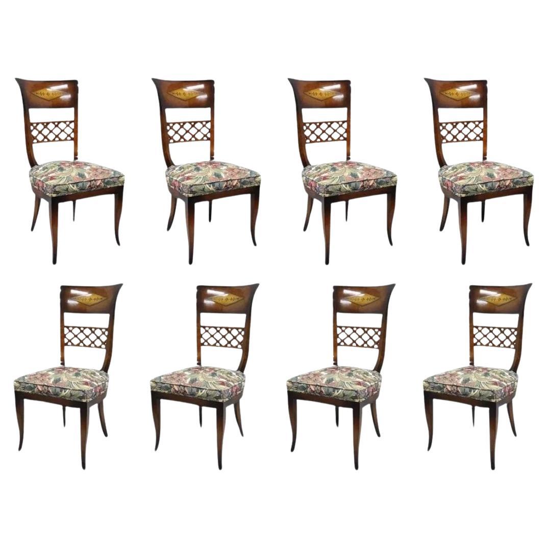 Sedie da pranzo con schienale alto in stile neoclassico italiano, intarsiate in ottone - Set di 8