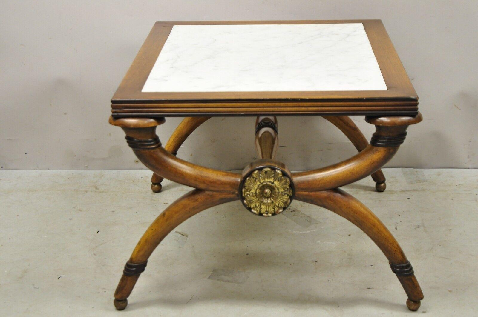 Italian Neoclassical Style Low Marble Top Curule X-Frame Accent Side Table In Good Condition For Sale In Philadelphia, PA