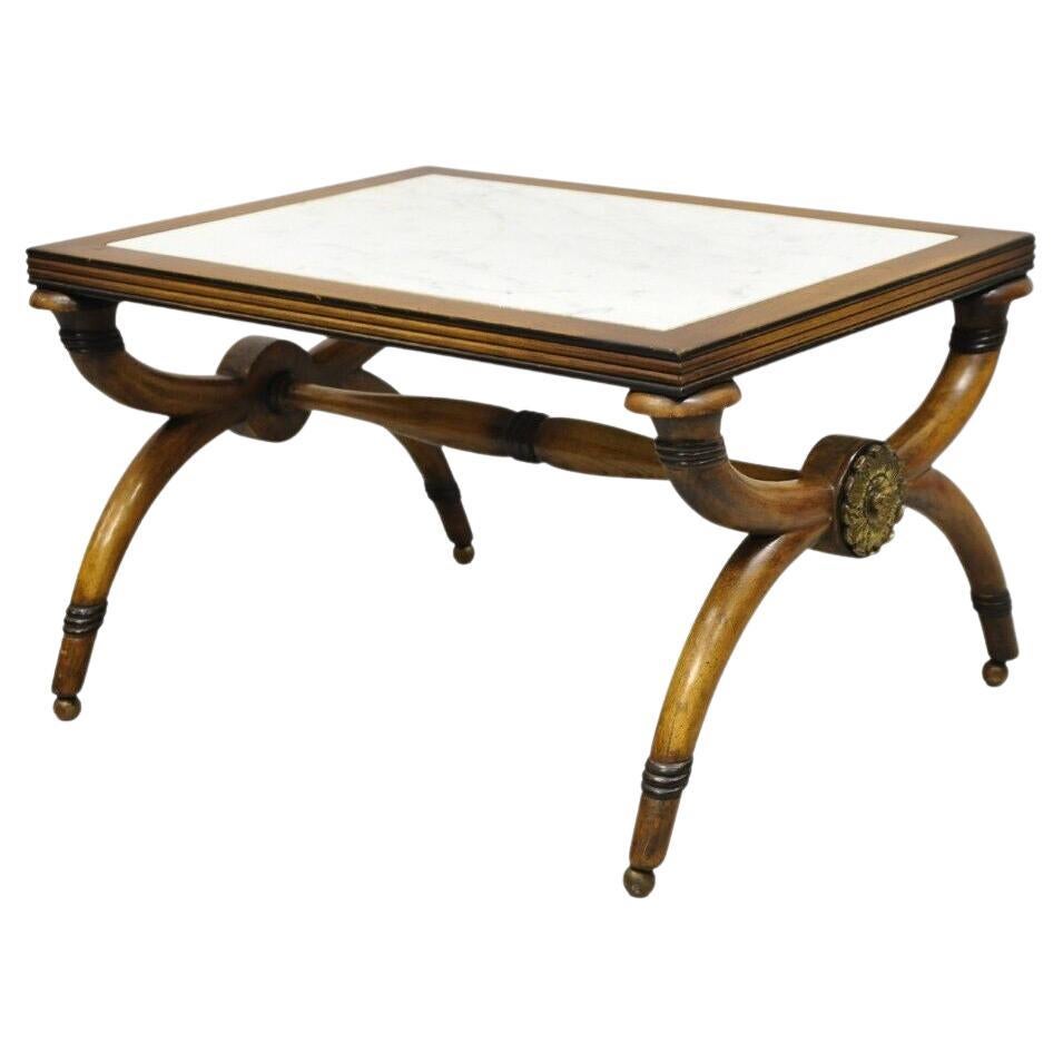 Italian Neoclassical Style Low Marble Top Curule X-Frame Accent Side Table For Sale