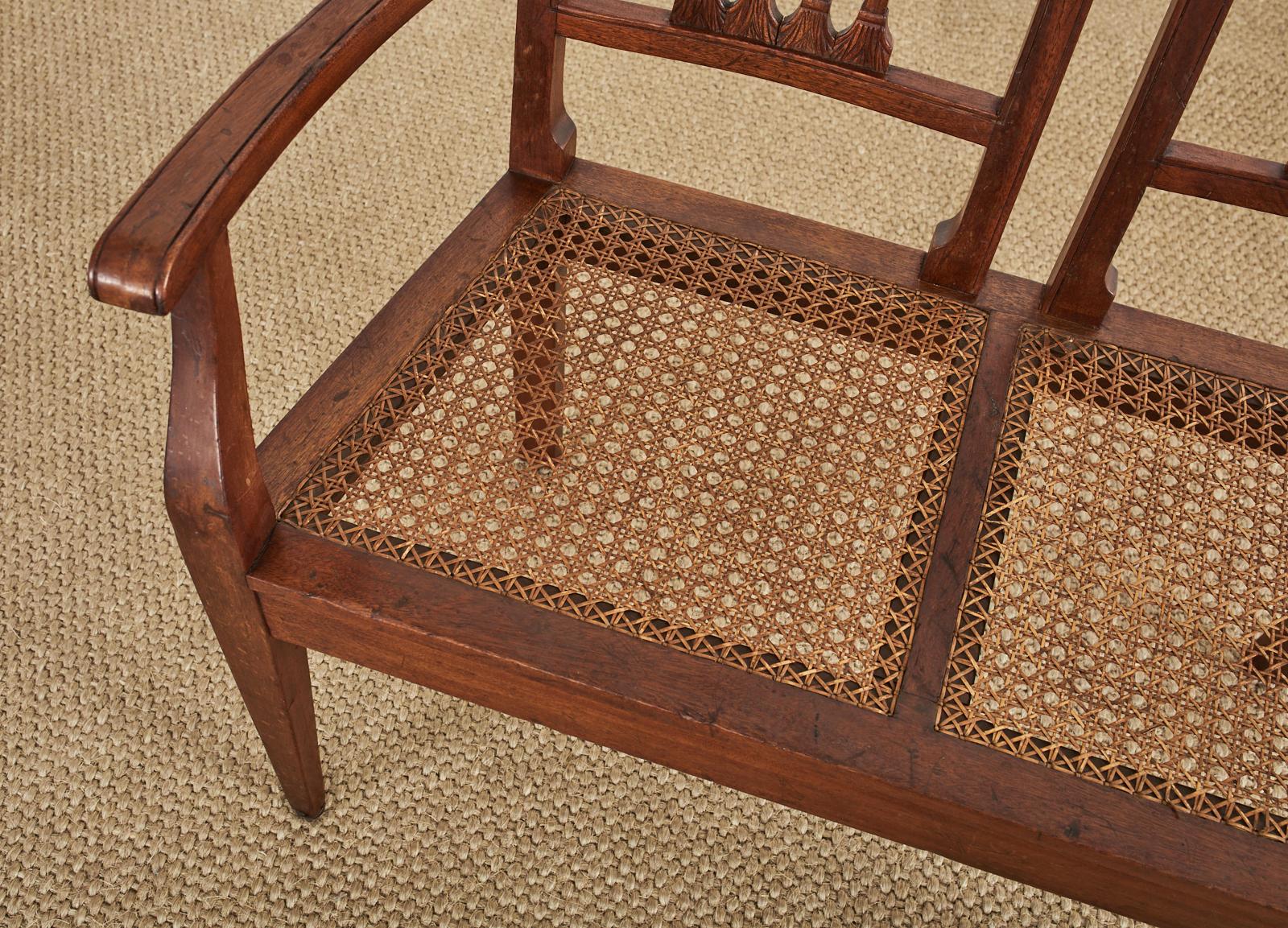 Hand-Crafted Italian Neoclassical Style Mahogany Cane Seat Bench Settee For Sale