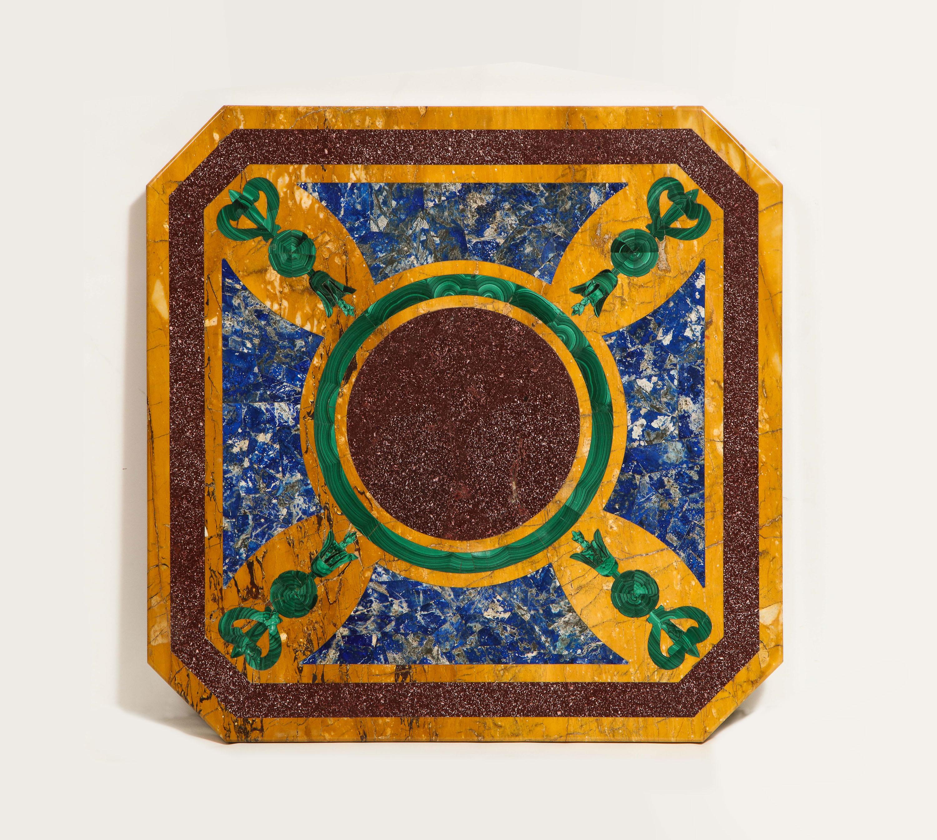 A magnificent Italian neoclassical style marble, malachite, lapis lazuli, and porphyry panel, early 20th century.

This panel is made with all different precious hardstones. All the stones used in this panel were also used in many different antique