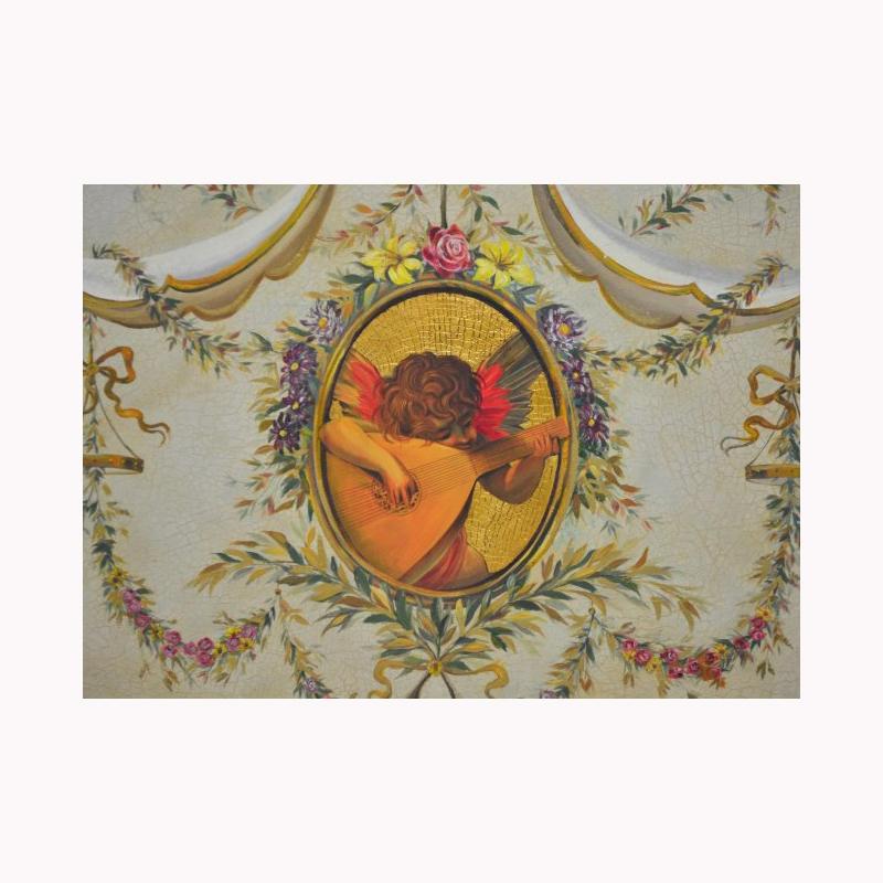 Sehr dekoratives Ölgemälde im italienischen Neoklassizismus mit Putten und Schwänzen, die mit einem Blattmotiv verziert sind. In der Mitte befindet sich eine ovale Blumentafel mit einem Gitarre spielenden Putten.
Gezeichnet Willy Baet.
20.
