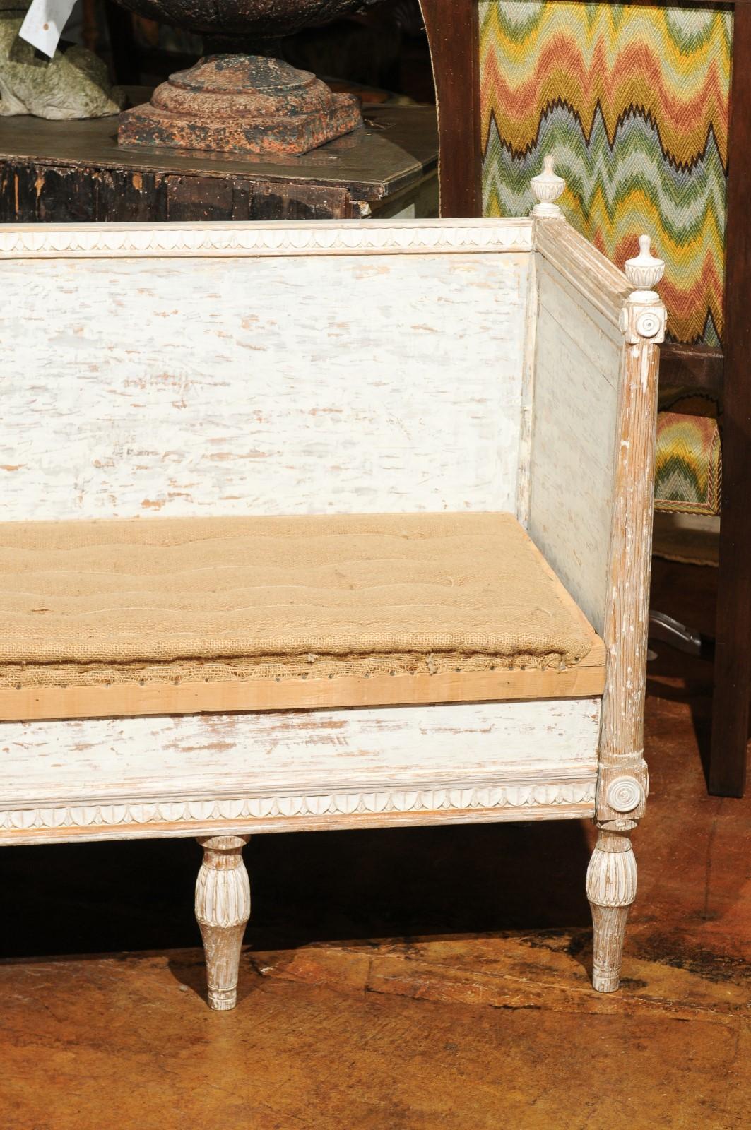 19th Century Italian Neoclassical Style Painted and Carved Wooden Bench with Hidden Storage For Sale