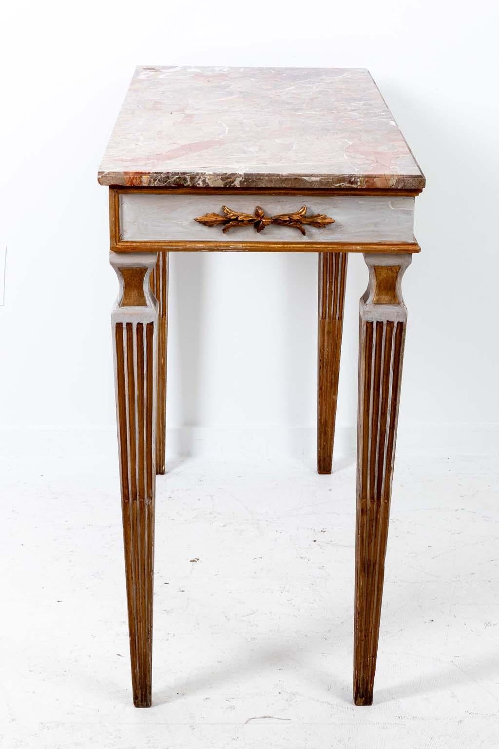 Italian Neoclassical Style Painted and Gilt Console with Marble Top For Sale 7
